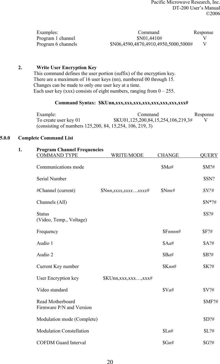 Pacific Microwave Research, Inc. DT-200 User’s Manual  ©2006   20 Examples:                        Command                           Response Program 1 channel                       $N01,4410#                                V Program 6 channels  $N06,4590,4870,4910,4950,5000,5000#        V      2. Write User Encryption Key This command defines the user portion (suffix) of the encryption key. There are a maximum of 16 user keys (nn), numbered 00 through 15. Changes can be made to only one user key at a time. Each user key (xxx) consists of eight numbers, ranging from 0 – 255.  Command Syntax:  $KUnn,xxx,xxx,xxx,xxx,xxx,xxx,xxx,xxx#  Example:  Command                            Response To create user key 01                          $KU01,125,200,84,15,254,106,219,3#         V (consisting of numbers 125,200, 84, 15,254, 106, 219, 3)  5.0.0 Complete Command List  1.  Program Channel Frequencies COMMAND TYPE                          WRITE/MODE           CHANGE        QUERY  Communications mode                                   $Ma#          $M?#  Serial Number                                                                    $SN?  #Channel (current)                    $Nnn,xxxx,xxxx…xxxx#         $Nnn#          $N?#  Channels (All)            $N*?#  Status                                                                    $S?# (Video, Temp., Voltage)  Frequency                                                                                  $Fnnnn#                 $F?#  Audio 1                                    $Aa#                       $A?#  Audio 2                                    $Ba#                       $B?#  Current Key number                                    $Knn#                     $K?#  User Encryption key                   $KUnn,xxx,xxx…,xxx#  Video standard                                    $Va#                       $V?#  Read Motherboard                                                                    $MF?# Firmware P/N and Version  Modulation mode (Complete)                                                                    $D?#  Modulation Constellation                                    $Ln#                        $L?#  COFDM Guard Interval                                    $Gn#                       $G?# 