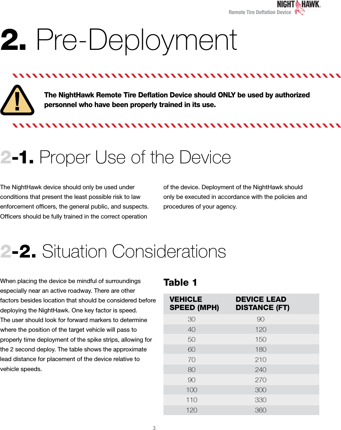 Remote Tire Deﬂation Device2. Pre-DeploymentThe NightHawk Remote Tire Deﬂation Device should ONLY be used by authorized  personnel who have been properly trained in its use.2-2.  Situation Considerations2-1.  Proper Use of the DeviceWhen placing the device be mindful of surroundings  especially near an active roadway. There are other  factors besides location that should be considered before deploying the NightHawk. One key factor is speed.  The user should look for forward markers to determine  where the position of the target vehicle will pass to  properly time deployment of the spike strips, allowing for the 2 second deploy. The table shows the approximate lead distance for placement of the device relative to  vehicle speeds.The NightHawk device should only be used under  conditions that present the least possible risk to law enforcement ofﬁcers, the general public, and suspects. Ofﬁcers should be fully trained in the correct operation  of the device. Deployment of the NightHawk should  only be executed in accordance with the policies and  procedures of your agency.3Table 1 VEHICLE    DEVICE LEADSPEED (MPH)  DISTANCE (FT) 30  90 40  120 50  150 60  180 70  210 80  240 90  270 100  300 110  330 120  360