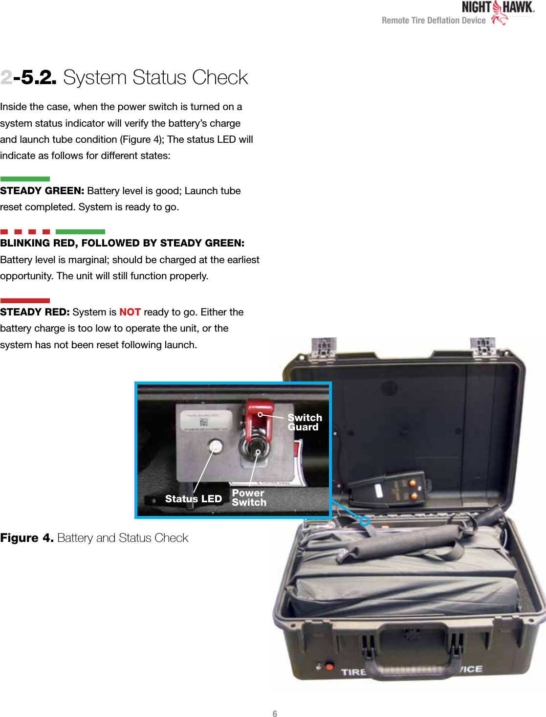 Remote Tire Deﬂation Device62-5.2.  System Status CheckInside the case, when the power switch is turned on a  system status indicator will verify the battery’s charge and launch tube condition (Figure 4); The status LED will indicate as follows for different states:  STEADY GREEN: Battery level is good; Launch tube  reset completed. System is ready to go.n  n  n  n nBLINKING RED, FOLLOWED BY STEADY GREEN: Battery level is marginal; should be charged at the earliest opportunity. The unit will still function properly.STEADY RED: System is NOT ready to go. Either the battery charge is too low to operate the unit, or the  system has not been reset following launch.Figure 4.  Battery and Status ChecknnStatus LED PowerSwitchSwitchGuard