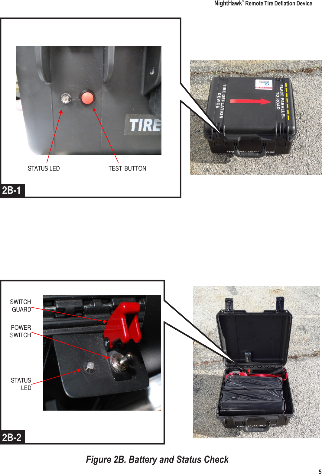 NightHawk&reg; Remote Tire Deflation Device 5                            STATUS LED  TEST  BUTTON   2B-1                 SWITCH GUARD  POWER SWITCH       STATUS LED       2B-2  Figure 2B. Battery and Status Check 