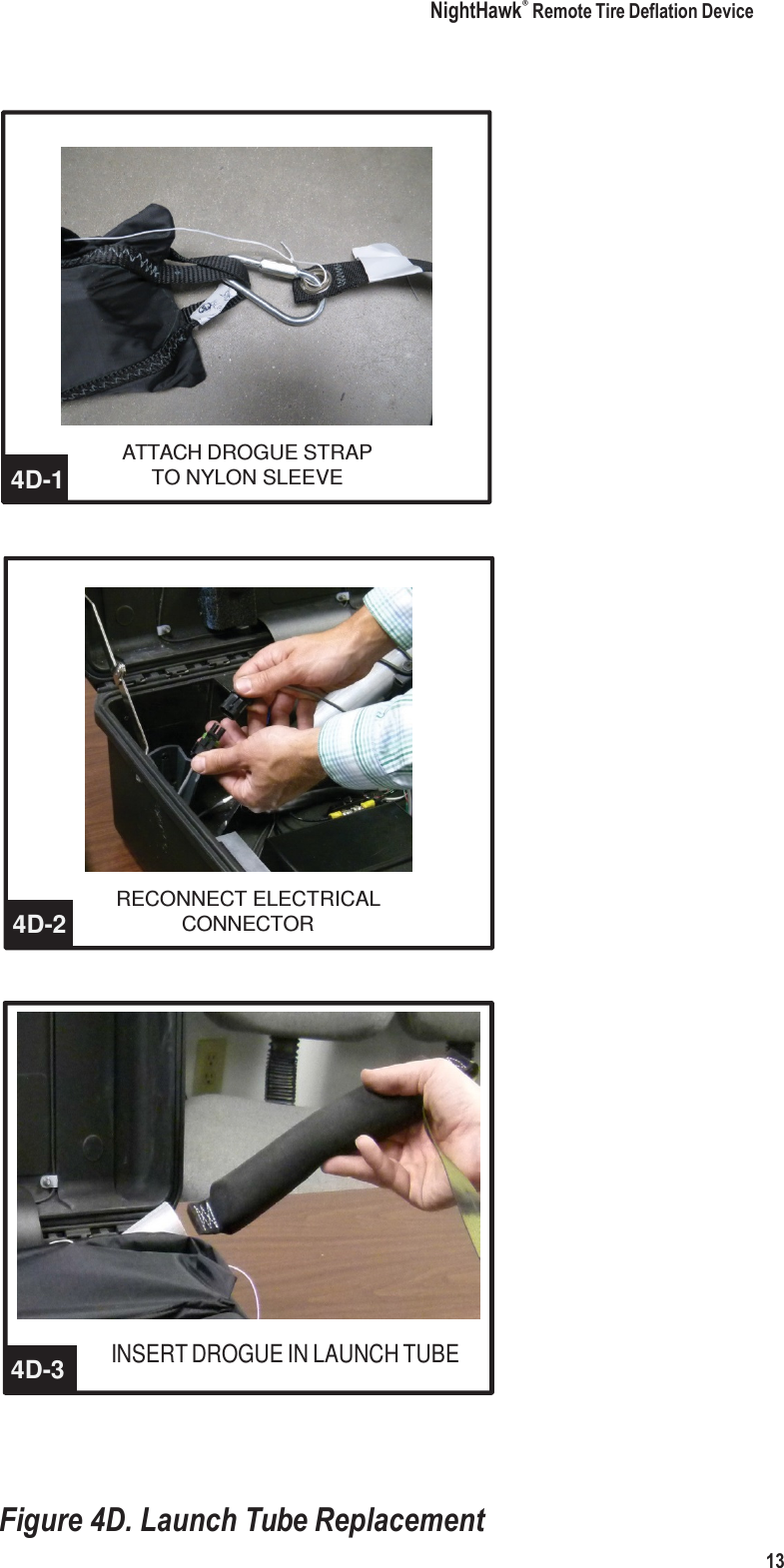 NightHawk&reg; Remote Tire Deflation Device 13                        4D-1 ATTACH DROGUE STRAP TO NYLON SLEEVE                    4D-2 RECONNECT ELECTRICAL CONNECTOR                     4D-3 INSERT DROGUE IN LAUNCH TUBE      Figure 4D. Launch Tube Replacement 