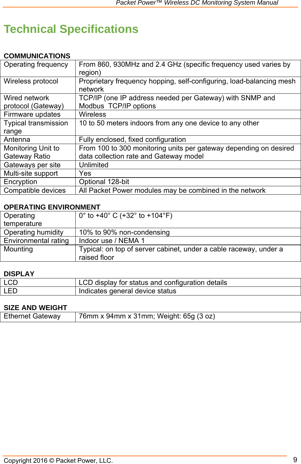                                                               Packet Power™ Wireless DC Monitoring System Manual Copyright 2016 © Packet Power, LLC.      9Technical Specifications   COMMUNICATIONS Operating frequency  From 860, 930MHz and 2.4 GHz (specific frequency used varies by region) Wireless protocol  Proprietary frequency hopping, self-configuring, load-balancing mesh network Wired network protocol (Gateway) TCP/IP (one IP address needed per Gateway) with SNMP and Modbus  TCP/IP options Firmware updates  Wireless Typical transmission range 10 to 50 meters indoors from any one device to any other Antenna  Fully enclosed, fixed configuration Monitoring Unit to Gateway Ratio From 100 to 300 monitoring units per gateway depending on desired data collection rate and Gateway model Gateways per site  Unlimited Multi-site support  Yes Encryption Optional 128-bit Compatible devices  All Packet Power modules may be combined in the network  OPERATING ENVIRONMENT Operating temperature 0° to +40° C (+32° to +104°F) Operating humidity  10% to 90% non-condensing Environmental rating  Indoor use / NEMA 1 Mounting  Typical: on top of server cabinet, under a cable raceway, under a raised floor  DISPLAY LCD  LCD display for status and configuration details LED  Indicates general device status  SIZE AND WEIGHT Ethernet Gateway  76mm x 94mm x 31mm; Weight: 65g (3 oz)     