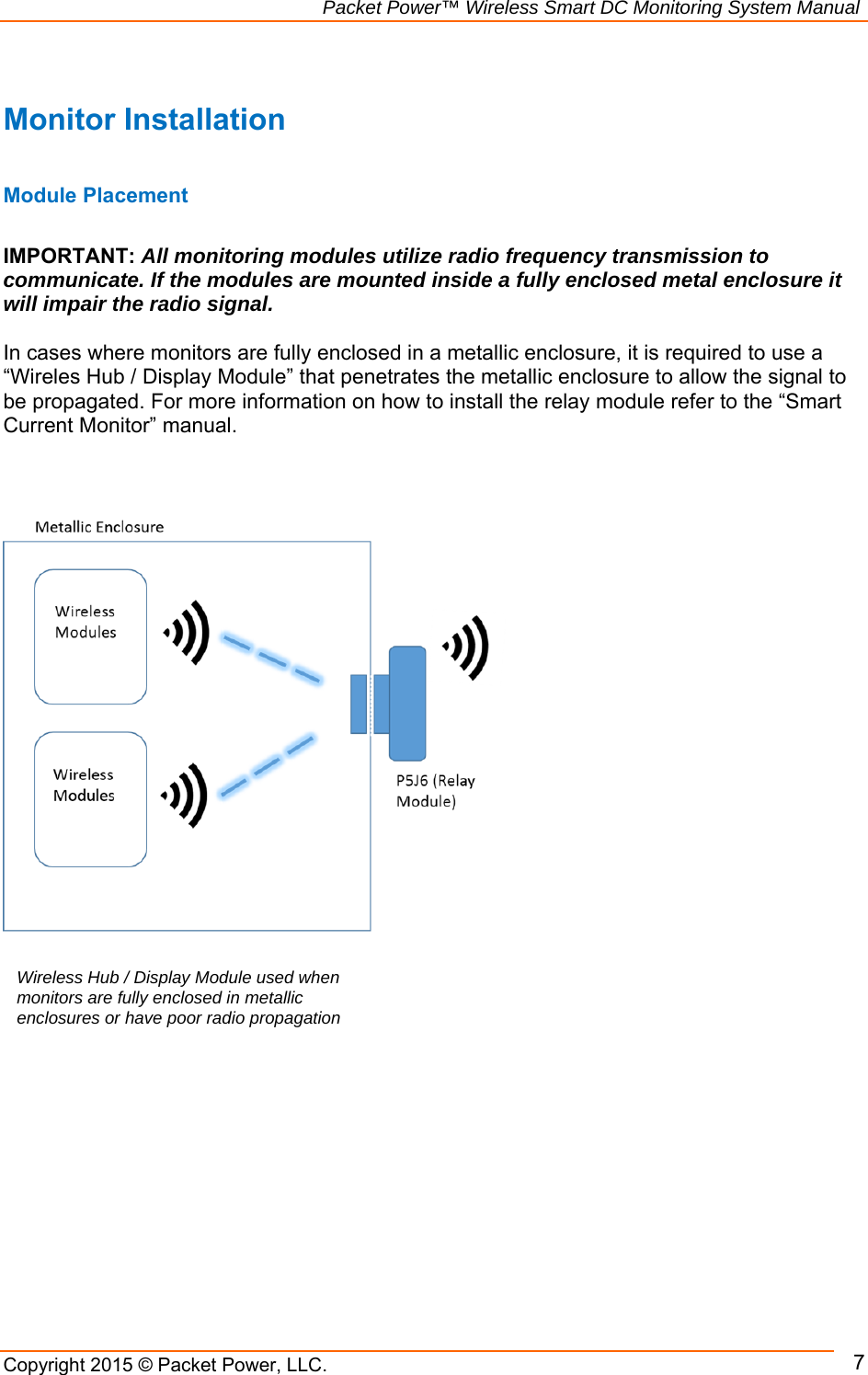                                                             Packet Power™ Wireless Smart DC Monitoring System Manual Copyright 2015 © Packet Power, LLC.     7 Monitor Installation  Module Placement  IMPORTANT: All monitoring modules utilize radio frequency transmission to communicate. If the modules are mounted inside a fully enclosed metal enclosure it will impair the radio signal.   In cases where monitors are fully enclosed in a metallic enclosure, it is required to use a “Wireles Hub / Display Module” that penetrates the metallic enclosure to allow the signal to be propagated. For more information on how to install the relay module refer to the “Smart Current Monitor” manual.                       Wireless Hub / Display Module used when monitors are fully enclosed in metallic enclosures or have poor radio propagation 