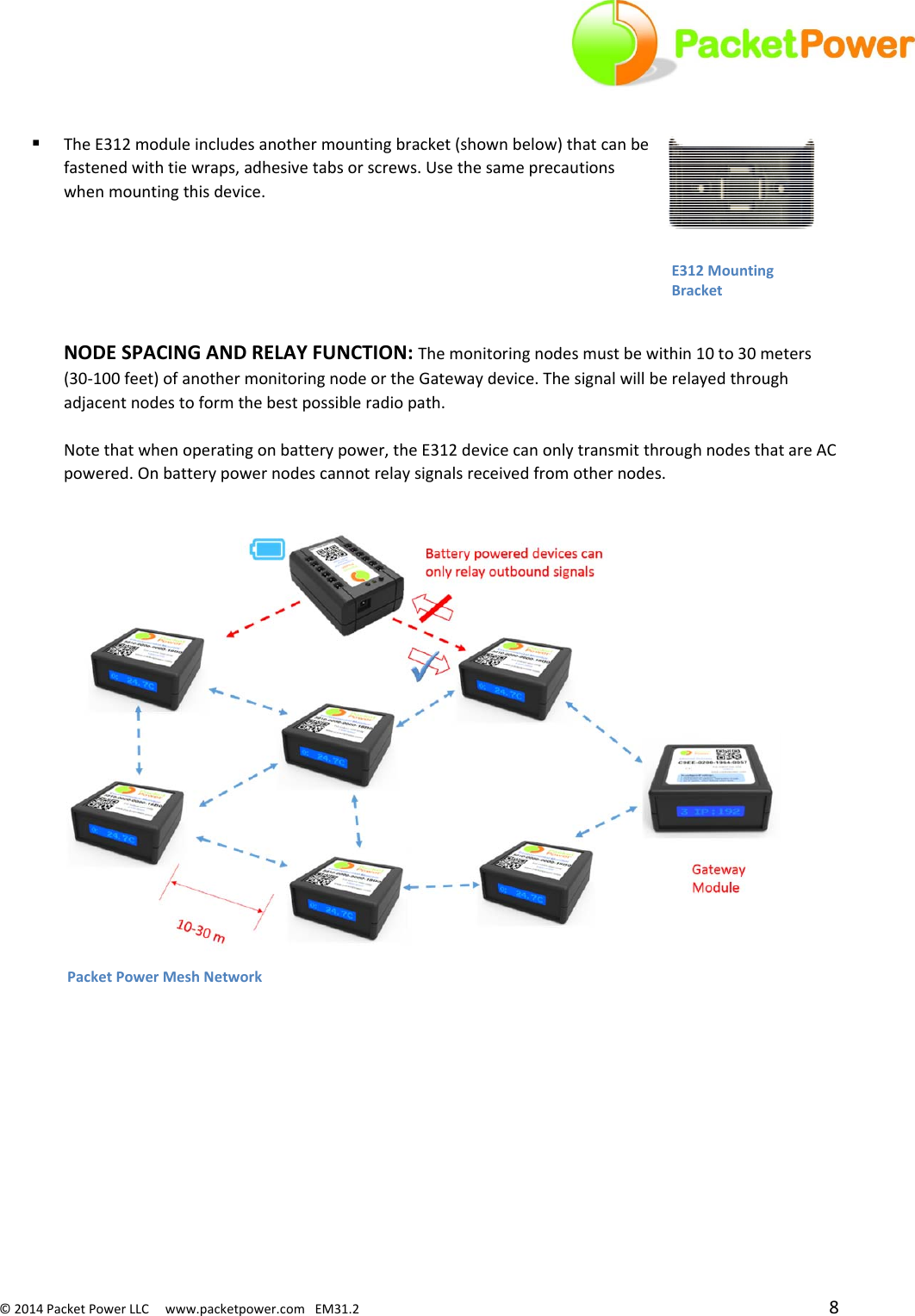 ©2014PacketPowerLLCwww.packetpower.comEM31.2 8E312MountingBracket TheE312moduleincludesanothermountingbracket(shownbelow)thatcanbefastenedwithtiewraps,adhesivetabsorscrews.Usethesameprecautionswhenmountingthisdevice.NODESPACINGANDRELAYFUNCTION:Themonitoringnodesmustbewithin10to30meters(30‐100feet)ofanothermonitoringnodeortheGatewaydevice.Thesignalwillberelayedthroughadjacentnodestoformthebestpossibleradiopath.Notethatwhenoperatingonbatterypower,theE312devicecanonlytransmitthroughnodesthatareACpowered.Onbatterypowernodescannotrelaysignalsreceivedfromothernodes.PacketPowerMeshNetwork