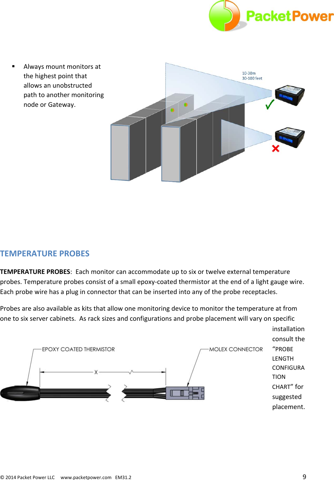 ©2014PacketPowerLLCwww.packetpower.comEM31.2 9 AlwaysmountmonitorsatthehighestpointthatallowsanunobstructedpathtoanothermonitoringnodeorGateway.TEMPERATUREPROBESTEMPERATUREPROBES:Eachmonitorcanaccommodateuptosixortwelveexternaltemperatureprobes.Temperatureprobesconsistofasmallepoxy‐coatedthermistorattheendofalightgaugewire.Eachprobewirehasapluginconnectorthatcanbeinsertedintoanyoftheprobereceptacles.Probesarealsoavailableaskitsthatallowonemonitoringdevicetomonitorthetemperatureatfromonetosixservercabinets.Asracksizesandconfigurationsandprobeplacementwillvaryonspecificinstallationconsultthe“PROBELENGTHCONFIGURATIONCHART”forsuggestedplacement.