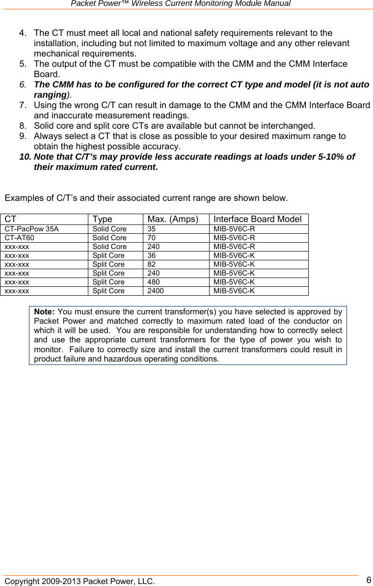   Packet Power™ Wireless Current Monitoring Module Manual Copyright 2009-2013 Packet Power, LLC.      64.  The CT must meet all local and national safety requirements relevant to the installation, including but not limited to maximum voltage and any other relevant mechanical requirements. 5.  The output of the CT must be compatible with the CMM and the CMM Interface Board.  6.  The CMM has to be configured for the correct CT type and model (it is not auto ranging). 7.  Using the wrong C/T can result in damage to the CMM and the CMM Interface Board and inaccurate measurement readings.  8.  Solid core and split core CTs are available but cannot be interchanged. 9.  Always select a CT that is close as possible to your desired maximum range to obtain the highest possible accuracy.  10. Note that C/T’s may provide less accurate readings at loads under 5-10% of their maximum rated current.   Examples of C/T’s and their associated current range are shown below.   CT  Type  Max. (Amps)  Interface Board Model CT-PacPow 35A  Solid Core  35  MIB-5V6C-R CT-AT60  Solid Core  70  MIB-5V6C-R xxx-xxx  Solid Core  240  MIB-5V6C-R xxx-xxx  Split Core  36   MIB-5V6C-K xxx-xxx  Split Core  82  MIB-5V6C-K xxx-xxx  Split Core  240  MIB-5V6C-K xxx-xxx  Split Core  480  MIB-5V6C-K xxx-xxx  Split Core  2400   MIB-5V6C-K  Note: You must ensure the current transformer(s) you have selected is approved by Packet  Power  and  matched  correctly  to  maximum  rated  load  of  the  conductor  on which it will be used.  You are responsible for understanding how to correctly select and  use  the  appropriate  current  transformers  for  the  type  of  power  you  wish  to monitor.  Failure to correctly size and install the current transformers could result in product failure and hazardous operating conditions.     