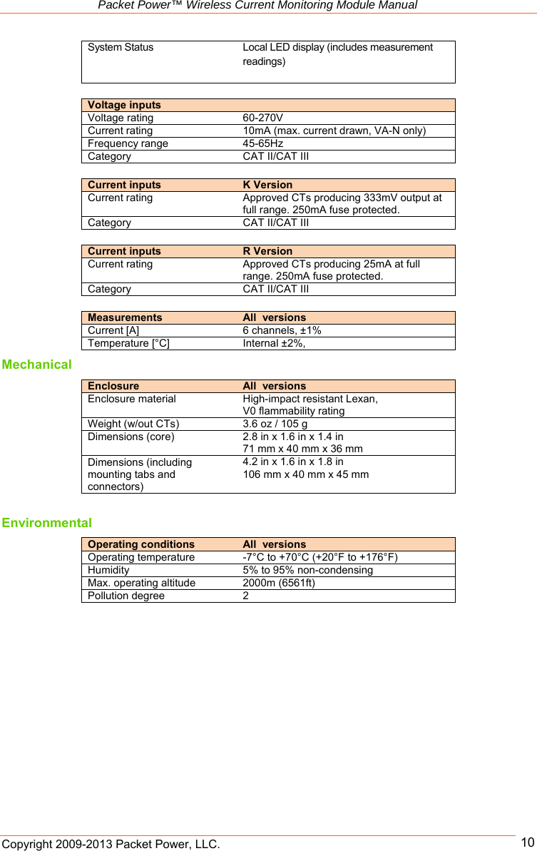   Packet Power™ Wireless Current Monitoring Module Manual Copyright 2009-2013 Packet Power, LLC.      10  Voltage inputs    Voltage rating  60-270V Current rating  10mA (max. current drawn, VA-N only) Frequency range  45-65Hz Category  CAT II/CAT III  Current inputs   K VersionCurrent rating  Approved CTs producing 333mV output at full range. 250mA fuse protected.  Category  CAT II/CAT III  Current inputs   R VersionCurrent rating  Approved CTs producing 25mA at full range. 250mA fuse protected.  Category  CAT II/CAT III  Measurements   All  versionsCurrent [A]  6 channels, ±1% Temperature [°C]  Internal ±2%, Mechanical Enclosure   All  versionsEnclosure material  High-impact resistant Lexan,  V0 flammability rating Weight (w/out CTs)  3.6 oz / 105 g Dimensions (core)  2.8 in x 1.6 in x 1.4 in 71 mm x 40 mm x 36 mm Dimensions (including mounting tabs and connectors) 4.2 in x 1.6 in x 1.8 in  106 mm x 40 mm x 45 mm  Environmental Operating conditions    All  versionsOperating temperature  -7°C to +70°C (+20°F to +176°F) Humidity  5% to 95% non-condensing Max. operating altitude  2000m (6561ft) Pollution degree  2          System Status  Local LED display (includes measurement readings)  