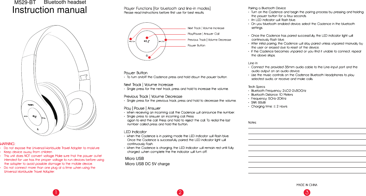 Bluetooth headsetM808-BT Bluetooth headsetM808-BTBluetooth headsetM529-BTInstruction manualMicro USBMicro USB DC 5V charge