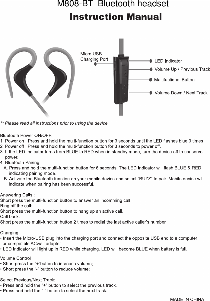 Bluetooth headsetM808-BT