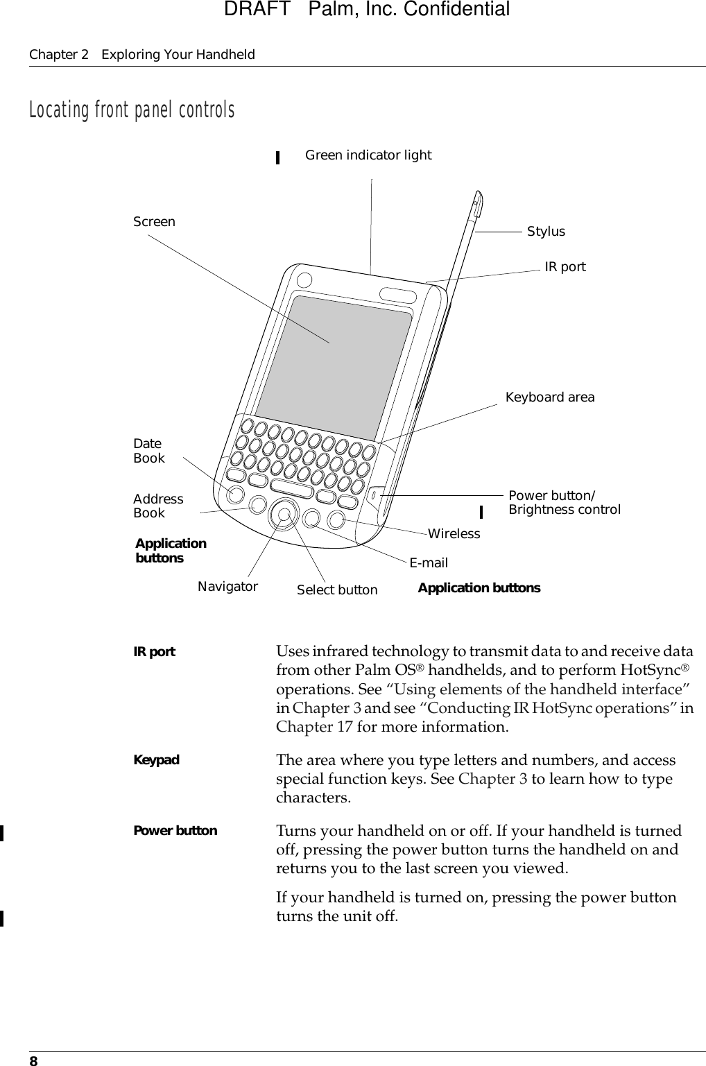 Chapter 2 Exploring Your Handheld8Locating front panel controlsIR port Uses infrared technology to transmit data to and receive data from other Palm OS® handhelds, and to perform HotSync® operations. See “Using elements of the handheld interface” in Chapter 3 and see “Conducting IR HotSync operations” in Chapter 17 for more information.Keypad The area where you type letters and numbers, and access special function keys. See Chapter 3 to learn how to type characters. Power button Turns your handheld on or off. If your handheld is turned off, pressing the power button turns the handheld on and returns you to the last screen you viewed. If your handheld is turned on, pressing the power button turns the unit off. ScreenKeyboard areaNavigatorPower button/Brightness controlGreen indicator lightStylusIR portDateBookAddress Book WirelessE-mailApplication buttonsSelect button Application buttonsDRAFT   Palm, Inc. Confidential