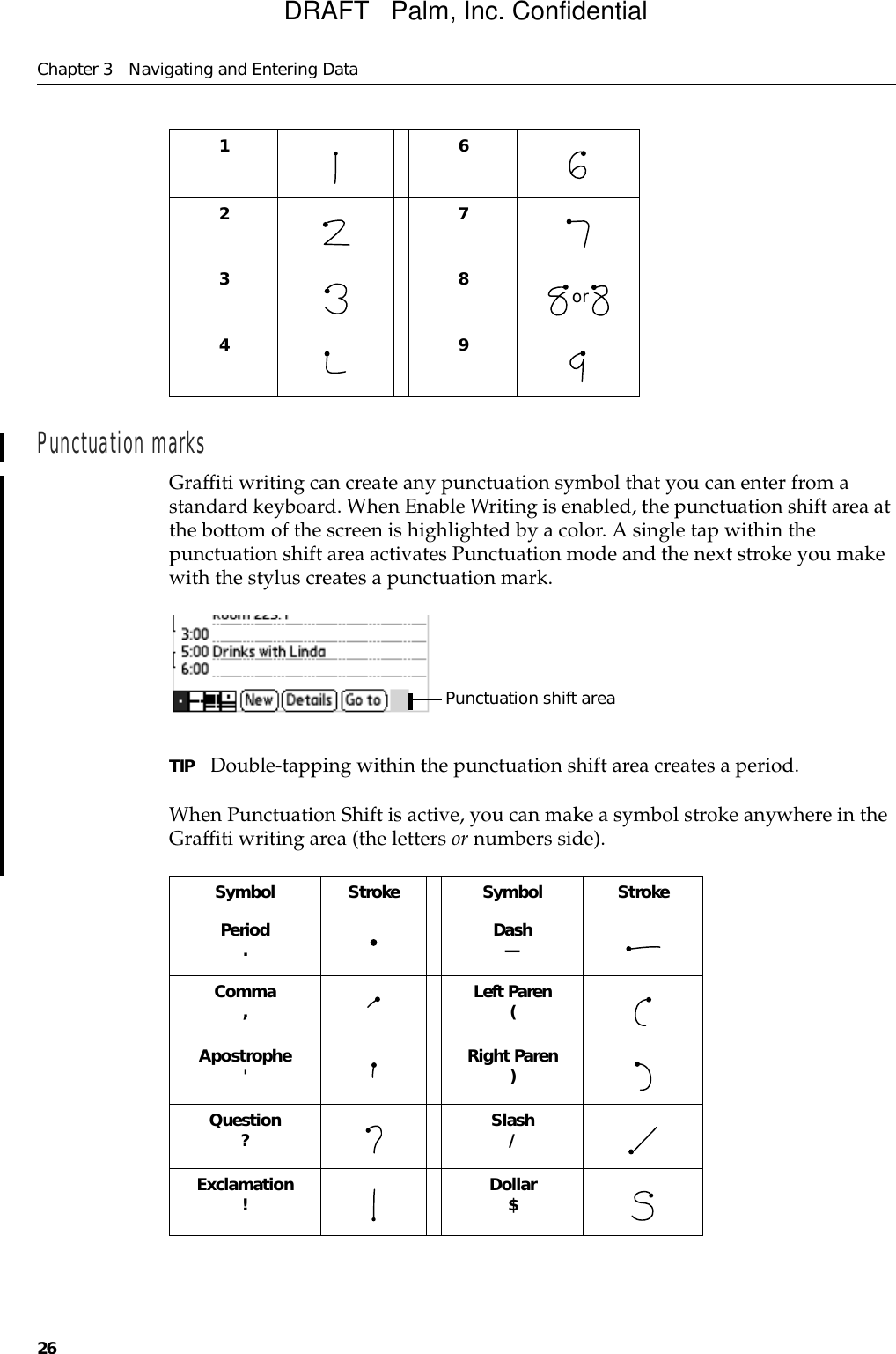 Chapter 3 Navigating and Entering Data26Punctuation marksGraffiti writing can create any punctuation symbol that you can enter from a standard keyboard. When Enable Writing is enabled, the punctuation shift area at the bottom of the screen is highlighted by a color. A single tap within the punctuation shift area activates Punctuation mode and the next stroke you make with the stylus creates a punctuation mark.TIP Double-tapping within the punctuation shift area creates a period. When Punctuation Shift is active, you can make a symbol stroke anywhere in the Graffiti writing area (the letters or numbers side).1 627 38    4     9orSymbol Stroke Symbol StrokePeriod. Dash—Comma,Left Paren(Apostrophe&apos;Right Paren)Question?Slash/ Exclamation!Dollar$Punctuation shift areaDRAFT   Palm, Inc. Confidential