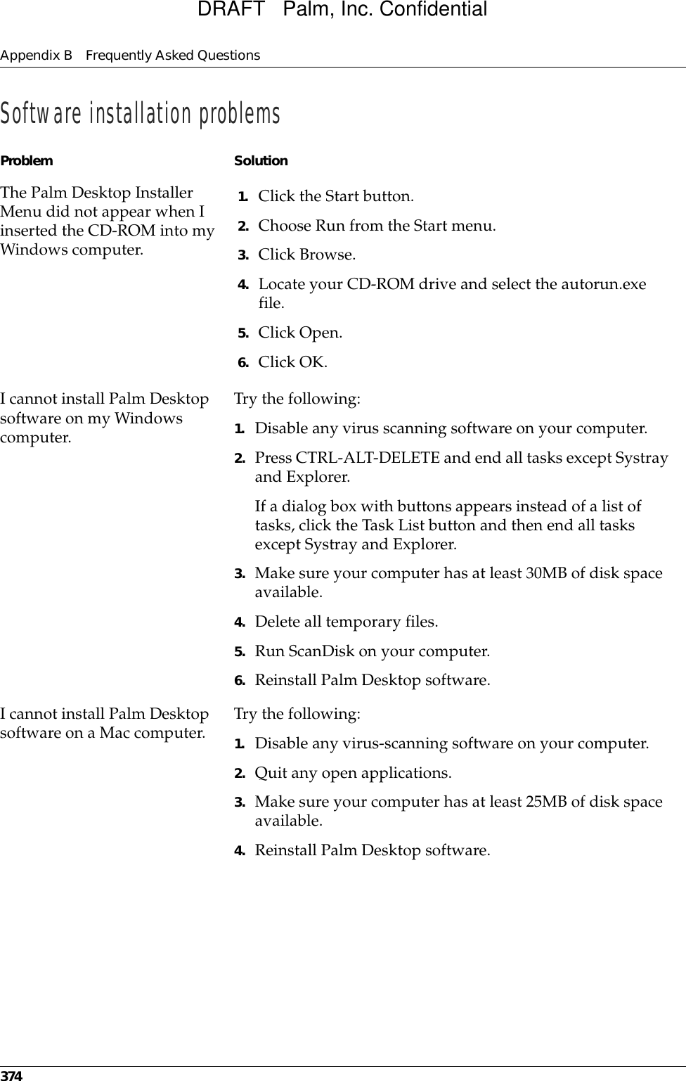 Appendix B Frequently Asked Questions374Software installation problemsProblem SolutionThe Palm Desktop Installer Menu did not appear when I inserted the CD-ROM into my Windows computer.1. Click the Start button.2. Choose Run from the Start menu.3. Click Browse.4. Locate your CD-ROM drive and select the autorun.exe file. 5. Click Open.6. Click OK.I cannot install Palm Desktop software on my Windows computer.Try the following:1. Disable any virus scanning software on your computer.2. Press CTRL-ALT-DELETE and end all tasks except Systray and Explorer.If a dialog box with buttons appears instead of a list of tasks, click the Task List button and then end all tasks except Systray and Explorer.3. Make sure your computer has at least 30MB of disk space available.4. Delete all temporary files.5. Run ScanDisk on your computer.6. Reinstall Palm Desktop software.I cannot install Palm Desktop software on a Mac computer. Try the following:1. Disable any virus-scanning software on your computer.2. Quit any open applications.3. Make sure your computer has at least 25MB of disk space available.4. Reinstall Palm Desktop software.DRAFT   Palm, Inc. Confidential