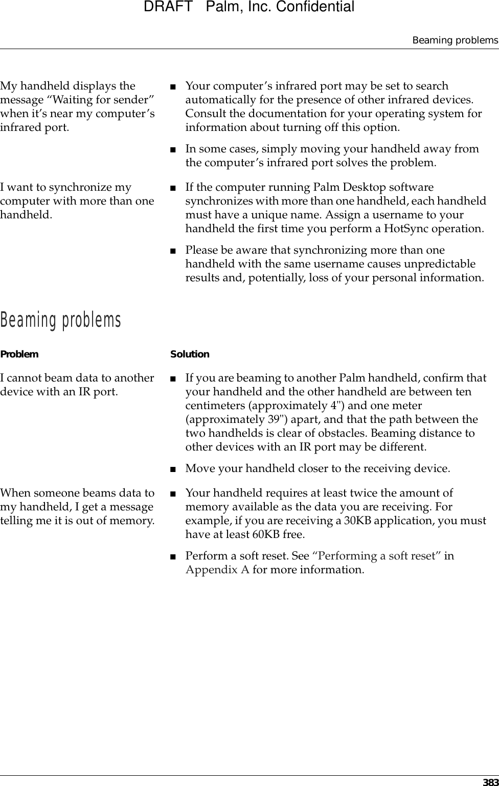 Beaming problems383Beaming problemsMy handheld displays the message “Waiting for sender” when it’s near my computer’s infrared port.■Your computer’s infrared port may be set to search automatically for the presence of other infrared devices. Consult the documentation for your operating system for information about turning off this option.■In some cases, simply moving your handheld away from the computer’s infrared port solves the problem.I want to synchronize my computer with more than one handheld.■If the computer running Palm Desktop software synchronizes with more than one handheld, each handheld must have a unique name. Assign a username to your handheld the first time you perform a HotSync operation.■Please be aware that synchronizing more than one handheld with the same username causes unpredictable results and, potentially, loss of your personal information.Problem SolutionI cannot beam data to another device with an IR port. ■If you are beaming to another Palm handheld, confirm that your handheld and the other handheld are between ten centimeters (approximately 4&quot;) and one meter (approximately 39&quot;) apart, and that the path between the two handhelds is clear of obstacles. Beaming distance to other devices with an IR port may be different.■Move your handheld closer to the receiving device.When someone beams data to my handheld, I get a message telling me it is out of memory.■Your handheld requires at least twice the amount of memory available as the data you are receiving. For example, if you are receiving a 30KB application, you must have at least 60KB free.■Perform a soft reset. See “Performing a soft reset” in Appendix A for more information.DRAFT   Palm, Inc. Confidential
