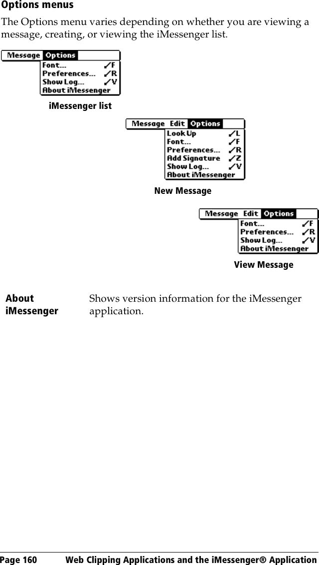 Page 160  Web Clipping Applications and the iMessenger® ApplicationOptions menusThe Options menu varies depending on whether you are viewing a message, creating, or viewing the iMessenger list.About iMessengerShows version information for the iMessenger application.iMessenger listNew MessageView Message