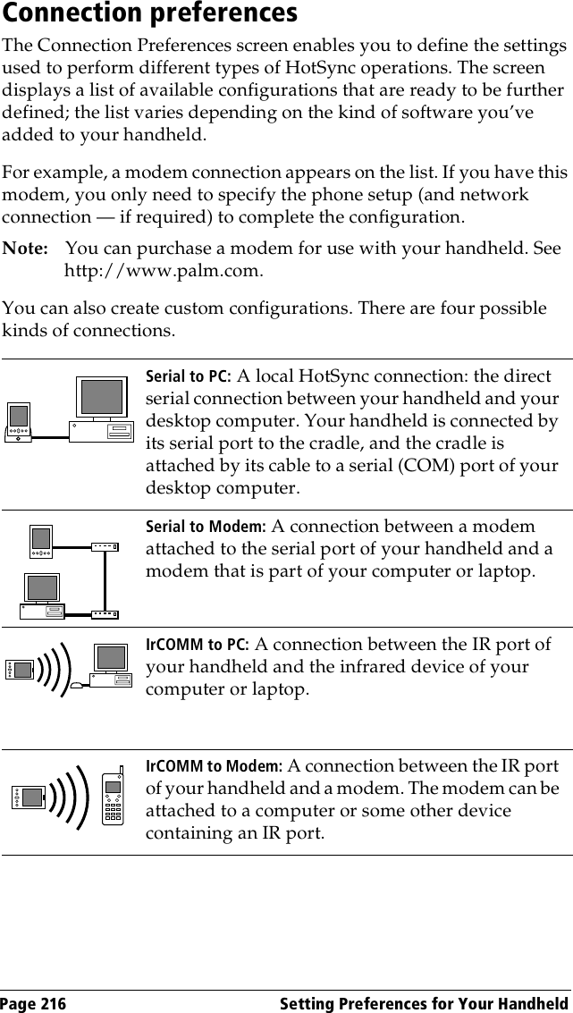 Page 216  Setting Preferences for Your HandheldConnection preferencesThe Connection Preferences screen enables you to define the settings used to perform different types of HotSync operations. The screen displays a list of available configurations that are ready to be further defined; the list varies depending on the kind of software you’ve added to your handheld.For example, a modem connection appears on the list. If you have this modem, you only need to specify the phone setup (and network connection — if required) to complete the configuration. Note: You can purchase a modem for use with your handheld. See http://www.palm.com.You can also create custom configurations. There are four possible kinds of connections.Serial to PC: A local HotSync connection: the direct serial connection between your handheld and your desktop computer. Your handheld is connected by its serial port to the cradle, and the cradle is attached by its cable to a serial (COM) port of your desktop computer.Serial to Modem: A connection between a modem attached to the serial port of your handheld and a modem that is part of your computer or laptop.IrCOMM to PC: A connection between the IR port of your handheld and the infrared device of your computer or laptop.IrCOMM to Modem: A connection between the IR port of your handheld and a modem. The modem can be attached to a computer or some other device containing an IR port.