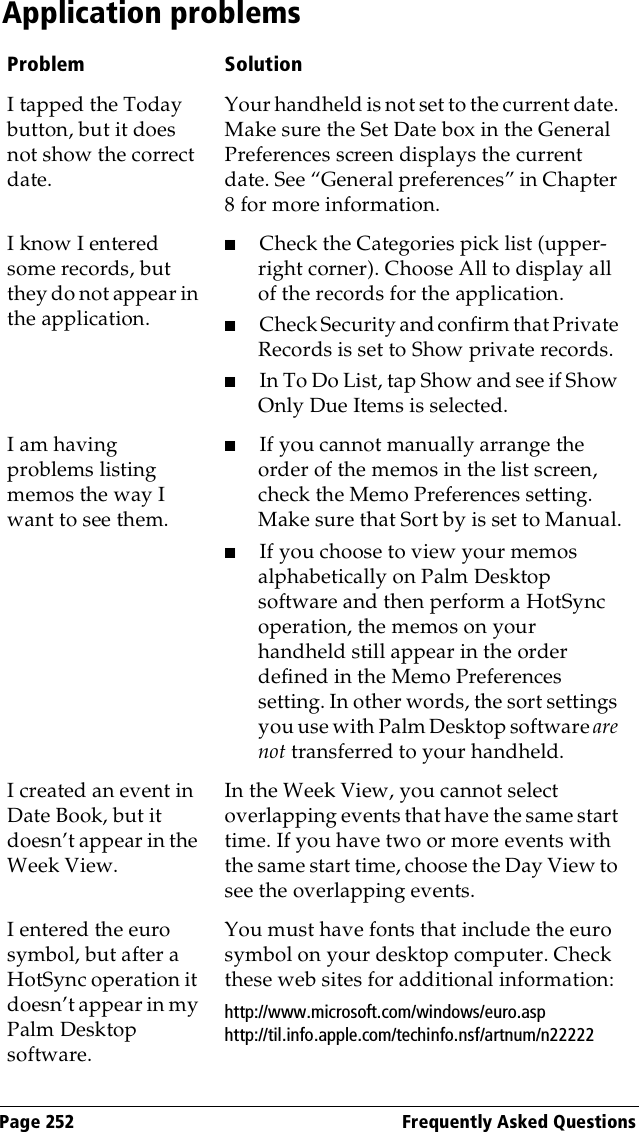 Page 252  Frequently Asked QuestionsApplication problemsProblem SolutionI tapped the Today button, but it does not show the correct date.Your handheld is not set to the current date. Make sure the Set Date box in the General Preferences screen displays the current date. See “General preferences” in Chapter 8 for more information.I know I entered some records, but they do not appear in the application.■Check the Categories pick list (upper-right corner). Choose All to display all of the records for the application.■Check Security and confirm that Private Records is set to Show private records.■In To Do List, tap Show and see if Show Only Due Items is selected. I am having problems listing memos the way I want to see them.■If you cannot manually arrange the order of the memos in the list screen, check the Memo Preferences setting. Make sure that Sort by is set to Manual.■If you choose to view your memos alphabetically on Palm Desktop software and then perform a HotSync operation, the memos on your handheld still appear in the order defined in the Memo Preferences setting. In other words, the sort settings you use with Palm Desktop software are not transferred to your handheld.I created an event in Date Book, but it doesn’t appear in the Week View.In the Week View, you cannot select overlapping events that have the same start time. If you have two or more events with the same start time, choose the Day View to see the overlapping events.I entered the euro symbol, but after a HotSync operation it doesn’t appear in my Palm Desktop software.You must have fonts that include the euro symbol on your desktop computer. Check these web sites for additional information:http://www.microsoft.com/windows/euro.asphttp://til.info.apple.com/techinfo.nsf/artnum/n22222