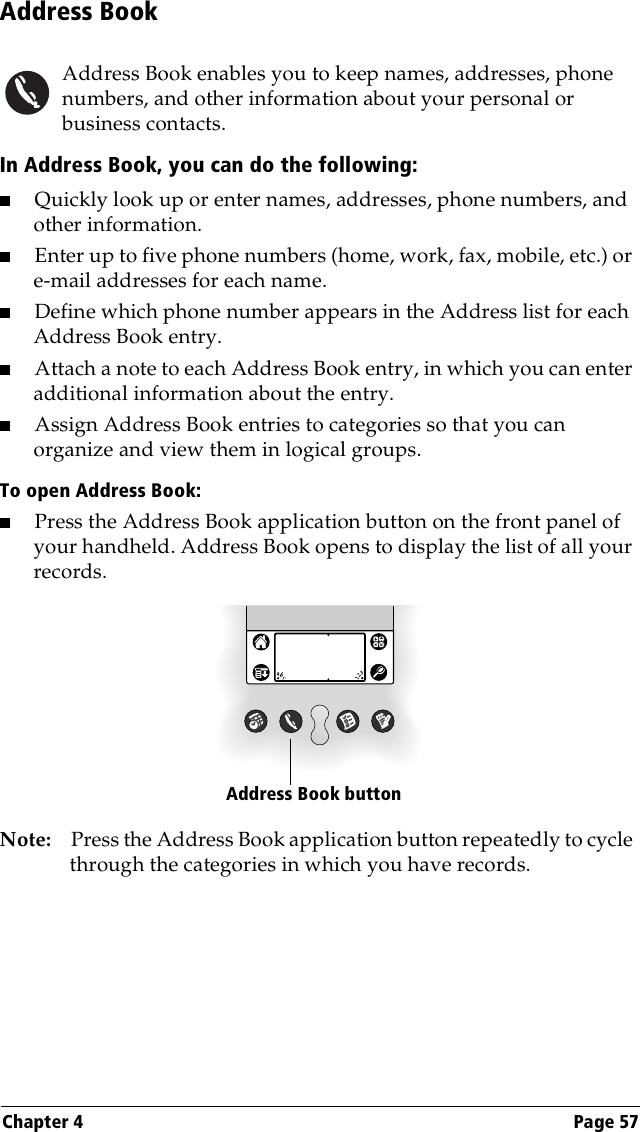 Chapter 4 Page 57Address BookAddress Book enables you to keep names, addresses, phone numbers, and other information about your personal or business contacts.In Address Book, you can do the following:■Quickly look up or enter names, addresses, phone numbers, and other information.■Enter up to five phone numbers (home, work, fax, mobile, etc.) or e-mail addresses for each name.■Define which phone number appears in the Address list for each Address Book entry. ■Attach a note to each Address Book entry, in which you can enter additional information about the entry.■Assign Address Book entries to categories so that you can organize and view them in logical groups.To open Address Book: ■Press the Address Book application button on the front panel of your handheld. Address Book opens to display the list of all your records.Note: Press the Address Book application button repeatedly to cycle through the categories in which you have records.Address Book button