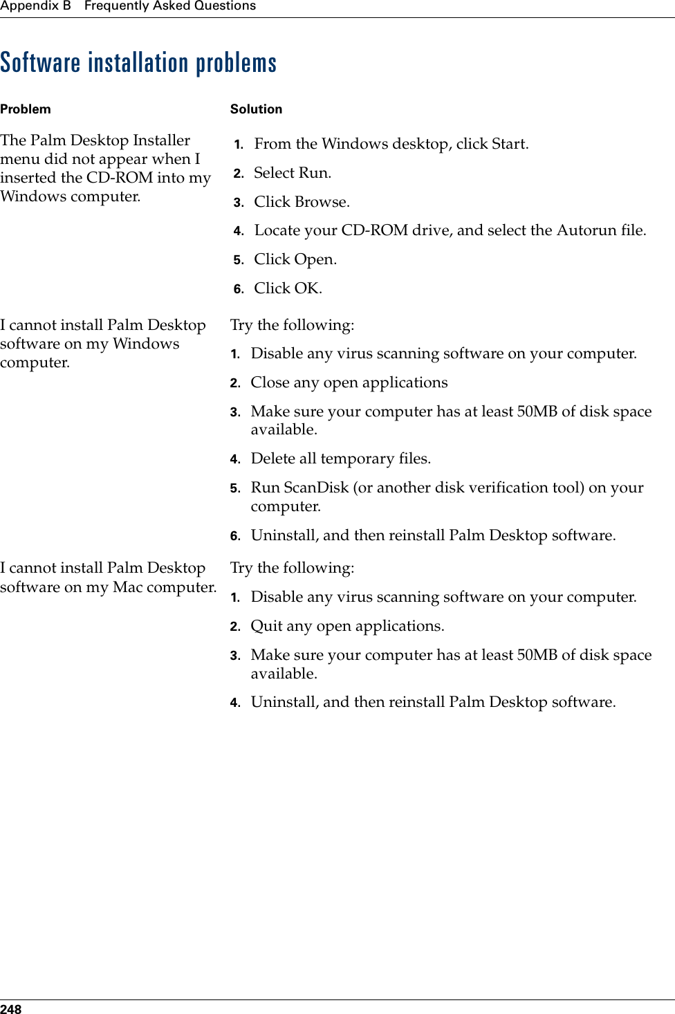 Appendix B Frequently Asked Questions248Software installation problemsProblem SolutionThe Palm Desktop Installer menu did not appear when I inserted the CD-ROM into my Windows computer.1. From the Windows desktop, click Start.2. Select Run.3. Click Browse.4. Locate your CD-ROM drive, and select the Autorun file. 5. Click Open.6. Click OK.I cannot install Palm Desktop software on my Windows computer.Try the following:1. Disable any virus scanning software on your computer.2. Close any open applications3. Make sure your computer has at least 50MB of disk space available.4. Delete all temporary files.5. Run ScanDisk (or another disk verification tool) on your computer.6. Uninstall, and then reinstall Palm Desktop software.I cannot install Palm Desktop software on my Mac computer.Try the following:1. Disable any virus scanning software on your computer.2. Quit any open applications.3. Make sure your computer has at least 50MB of disk space available.4. Uninstall, and then reinstall Palm Desktop software.Palm, Inc. Confidential