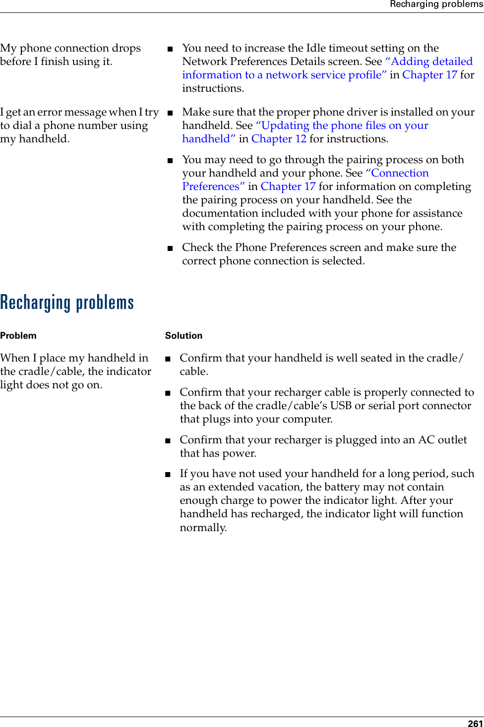 Recharging problems261Recharging problemsMy phone connection drops before I finish using it.■You need to increase the Idle timeout setting on the Network Preferences Details screen. See “Adding detailed information to a network service profile” in Chapter 17 for instructions.I get an error message when I try to dial a phone number using my handheld.■Make sure that the proper phone driver is installed on your handheld. See “Updating the phone files on your handheld” in Chapter 12 for instructions.■You may need to go through the pairing process on both your handheld and your phone. See “Connection Preferences” in Chapter 17 for information on completing the pairing process on your handheld. See the documentation included with your phone for assistance with completing the pairing process on your phone.■Check the Phone Preferences screen and make sure the correct phone connection is selected. Problem SolutionWhen I place my handheld in the cradle/cable, the indicator light does not go on.■Confirm that your handheld is well seated in the cradle/cable.■Confirm that your recharger cable is properly connected to the back of the cradle/cable’s USB or serial port connector that plugs into your computer.■Confirm that your recharger is plugged into an AC outlet that has power.■If you have not used your handheld for a long period, such as an extended vacation, the battery may not contain enough charge to power the indicator light. After your handheld has recharged, the indicator light will function normally.Palm, Inc. Confidential
