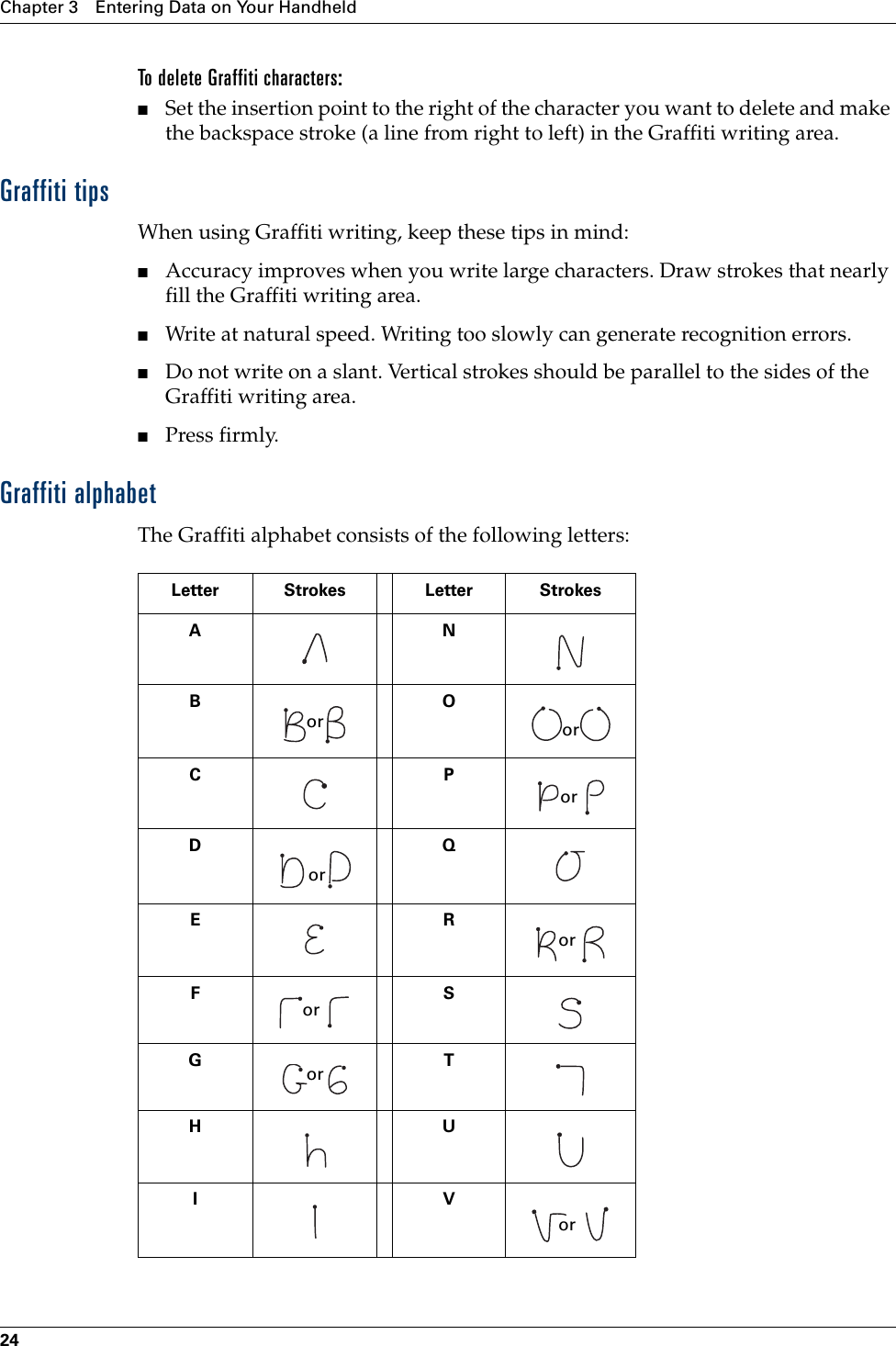 Chapter 3 Entering Data on Your Handheld24To delete Graffiti characters:■Set the insertion point to the right of the character you want to delete and make the backspace stroke (a line from right to left) in the Graffiti writing area.Graffiti tipsWhen using Graffiti writing, keep these tips in mind:■Accuracy improves when you write large characters. Draw strokes that nearly fill the Graffiti writing area.■Write at natural speed. Writing too slowly can generate recognition errors.■Do not write on a slant. Vertical strokes should be parallel to the sides of the Graffiti writing area.■Press firmly.Graffiti alphabetThe Graffiti alphabet consists of the following letters:Letter Strokes Letter StrokesANB O CP D QER F     SG    THUIV   ororororororororPalm, Inc. Confidential