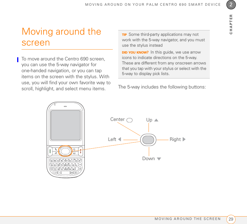 SETTING UPMAKING YOUR FIRST CALL 151CHAPTER•As with any mobile phone, if you are in an area with no wireless coverage, your Centro searches for a signal, which consumes power. If you cannot move to an area of better coverage, temporarily turn off your phone. While your phone is off, you can continue to use the nonwireless features of your Centro.•Turn down the screen brightness (see Adjusting the brightness).•Decrease the settings in Power Preferences and turn off Beam Receive (see Optimizing power settings).•Turn off the Bluetooth® feature if you’re not using it. See Connecting to a Bluetooth® hands-free device.Making your first call1Press Phone .2If prompted, press Center  to turn off Keyguard (see Locking your keyboard (Keyguard) for more info).TIPIf Check SIM Card appears in the title bar, see Inserting the SIM card and battery. TIPIf a blank space appears in the title bar, the phone is either searching for a network or you’re outside a wireless coverage area. It may take a few moments for the title bar to display a network name. If you believe you are in a wireless coverage area and this problem persists, contact your network operator for assistance.