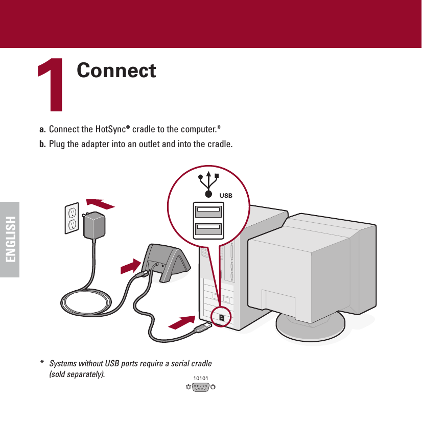 ENGLISH1Connecta. Connect the HotSync®cradle to the computer.*b. Plug the adapter into an outlet and into the cradle.*Systems without USB ports require a serial cradle(sold separately).