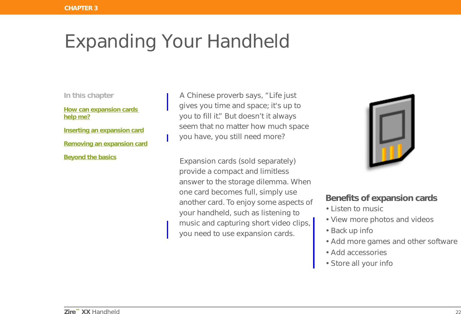 CHAPTER 2 Synchronizing Your Handheld with Your ComputerZire™ XX Handheld 20Synchronizing information01Prepare your handheld:a. Connect the HotSync cable to the USB port on your computer, and then insert the other end into the mini-USB connector on your handheld.b. Make sure your handheld is on.2Synchronize your handheld with your computer:a.  Tap Star .b. When synchronization is complete, a message appears on your computer, and you can disconnect your handheld from the cable. Be patient; synchronization may take some time.Done»Key TermHotSync®Technology that allows you to synchronize the information on your handheld with the information on your computer.TipIf the Select User dialog box appears during synchronization, select the username you entered when you installed Palm Desktop software, and click OK. TipIf you need help with synchronizing, see Make sure the HotSync® cable is connected securely.