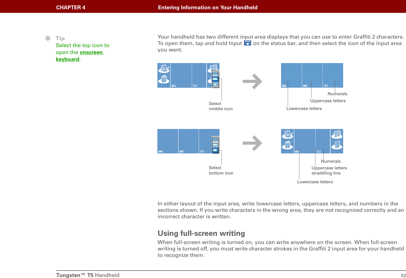 Tungsten™ T5 Handheld 52CHAPTER 4 Entering Information on Your HandheldYour handheld has two different input area displays that you can use to enter Graffiti 2 characters. To open them, tap and hold Input   on the status bar, and then select the icon of the input area you want.In either layout of the input area, write lowercase letters, uppercase letters, and numbers in the sections shown. If you write characters in the wrong area, they are not recognized correctly and an incorrect character is written. Using full-screen writingWhen full-screen writing is turned on, you can write anywhere on the screen. When full-screen writing is turned off, you must write character strokes in the Graffiti 2 input area for your handheld to recognize them.TipSelect the top icon to open the onscreen keyboard.Uppercase lettersLowercase lettersNumeralsUppercase letters straddling lineLowercase lettersNumeralsSelect middle iconSelect bottom icon