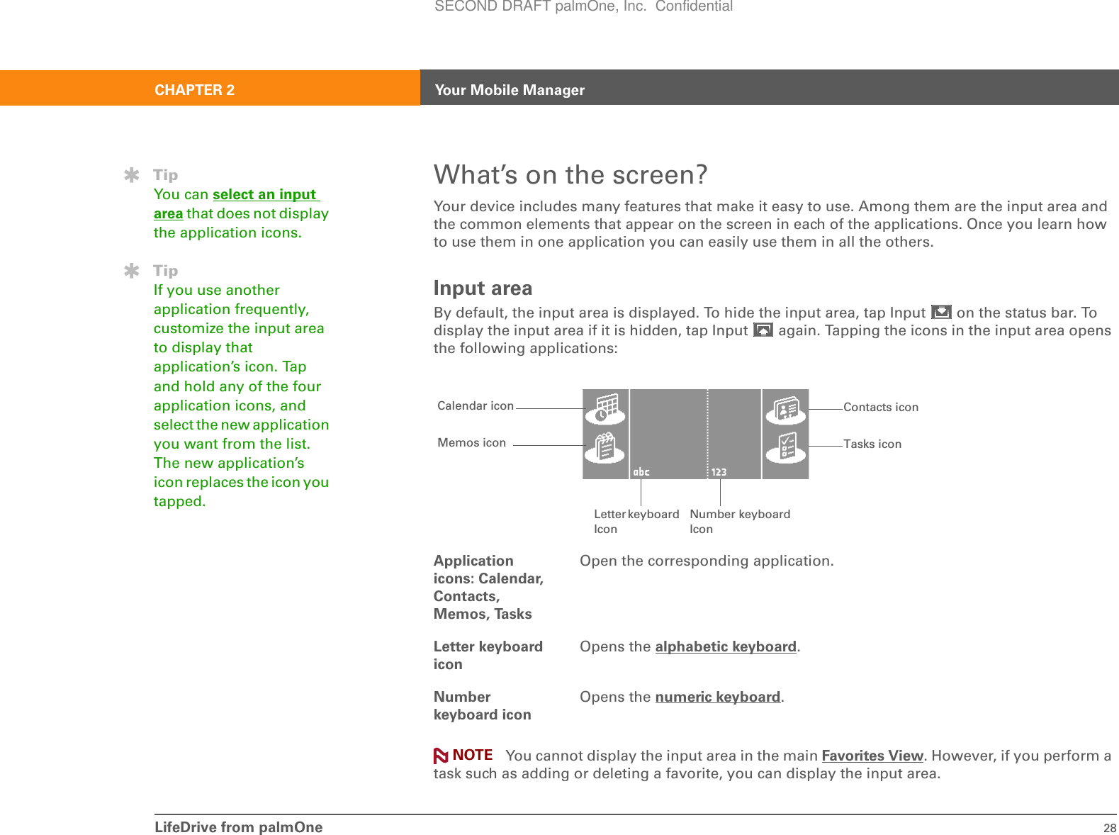 LifeDrive from palmOne 28CHAPTER 2 Your Mobile ManagerWhat’s on the screen?Your device includes many features that make it easy to use. Among them are the input area and the common elements that appear on the screen in each of the applications. Once you learn how to use them in one application you can easily use them in all the others.Input areaBy default, the input area is displayed. To hide the input area, tap Input   on the status bar. To display the input area if it is hidden, tap Input   again. Tapping the icons in the input area opens the following applications: You cannot display the input area in the main Favorites View. However, if you perform a task such as adding or deleting a favorite, you can display the input area.Application icons: Calendar, Contacts, Memos, TasksOpen the corresponding application.Letter keyboard iconOpens the alphabetic keyboard.Number keyboard iconOpens the numeric keyboard.TipYou can select an input area that does not display the application icons.TipIf you use another application frequently, customize the input area to display that application’s icon. Tap and hold any of the four application icons, and select the new application you want from the list. The new application’s icon replaces the icon you tapped.Contacts iconLetter keyboard IconTasks iconCalendar iconMemos iconNumber keyboard IconNOTESECOND DRAFT palmOne, Inc.  Confidential