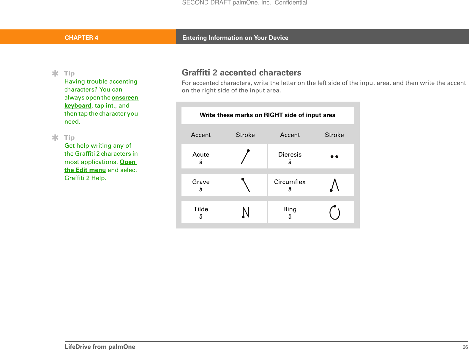 LifeDrive from palmOne 66CHAPTER 4 Entering Information on Your DeviceGraffiti 2 accented charactersFor accented characters, write the letter on the left side of the input area, and then write the accent on the right side of the input area.0Write these marks on RIGHT side of input areaAccent Stroke Accent StrokeAcuteáDieresisäGraveàCircumflexâTildeãRingåTipHaving trouble accenting characters? You can always open the onscreen keyboard, tap int., and then tap the character you need.TipGet help writing any of the Graffiti 2 characters in most applications. Open the Edit menu and select Graffiti 2 Help.SECOND DRAFT palmOne, Inc.  Confidential