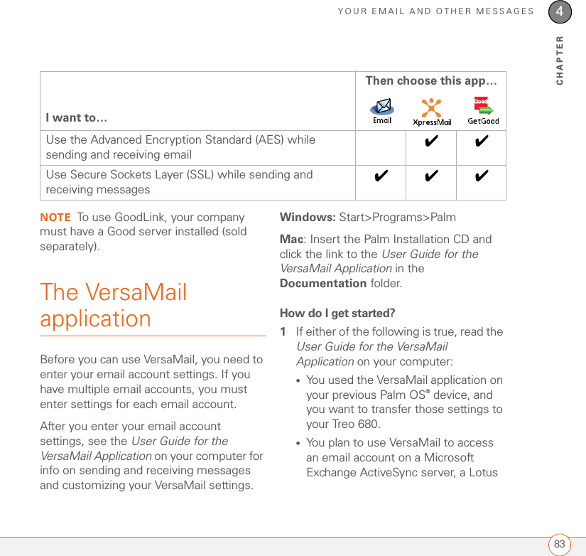 YOUR EMAIL AND OTHER MESSAGES834CHAPTERNOTE To use GoodLink, your company must have a Good server installed (sold separately).The VersaMail applicationBefore you can use VersaMail, you need to enter your email account settings. If you have multiple email accounts, you must enter settings for each email account.After you enter your email account settings, see the User Guide for the VersaMail Application on your computer for info on sending and receiving messages and customizing your VersaMail settings.Windows: Start&gt;Programs&gt;PalmMac: Insert the Palm Installation CD and click the link to the User Guide for the VersaMail Application in the Documentation folder.How do I get started?1If either of the following is true, read the User Guide for the VersaMail Application on your computer:•You used the VersaMail application on your previous Palm OS® device, and you want to transfer those settings to your Treo 680.•You plan to use VersaMail to access an email account on a Microsoft Exchange ActiveSync server, a Lotus Use the Advanced Encryption Standard (AES) while sending and receiving email ✔✔Use Secure Sockets Layer (SSL) while sending and receiving messages✔✔✔I want to…Then choose this app…