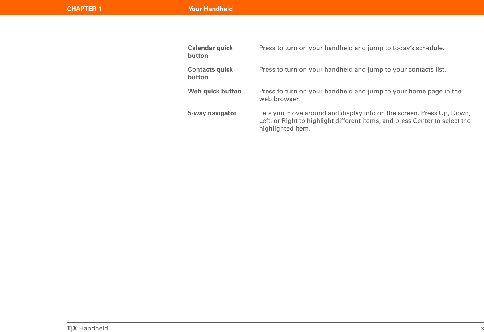 T|X Handheld 3CHAPTER 1 Your HandheldCalendar quick buttonPress to turn on your handheld and jump to today’s schedule.Contacts quick buttonPress to turn on your handheld and jump to your contacts list.Web quick button Press to turn on your handheld and jump to your home page in the web browser.5-way navigator Lets you move around and display info on the screen. Press Up, Down, Left, or Right to highlight different items, and press Center to select the highlighted item.