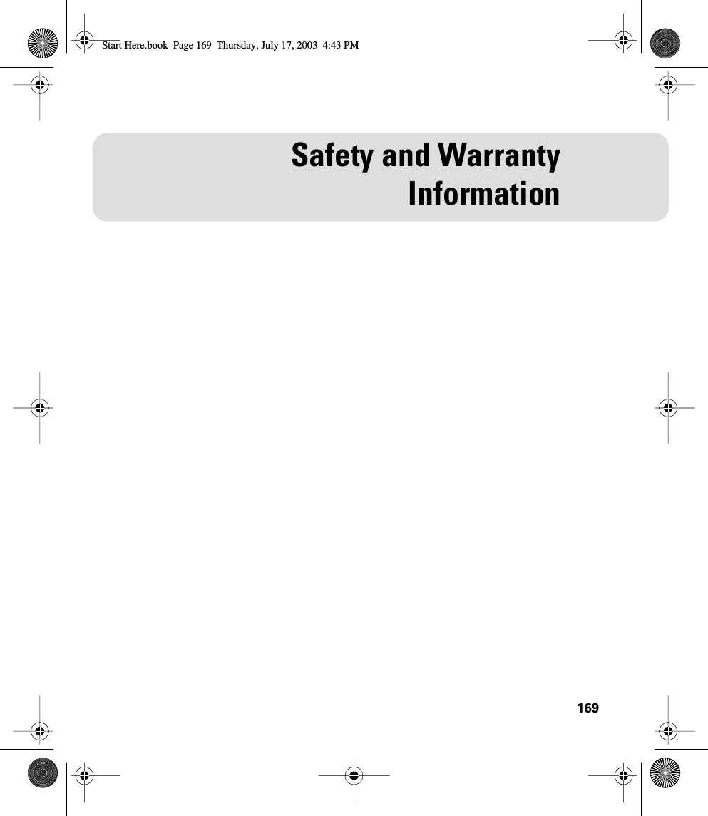 169Safety and WarrantyInformationStart Here.book  Page 169  Thursday, July 17, 2003  4:43 PM