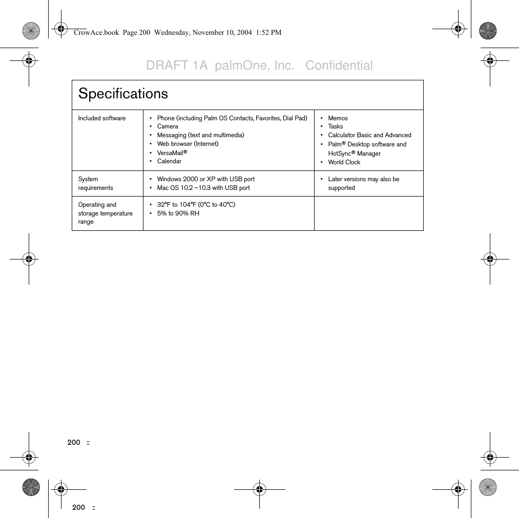 200   ::   200   ::   Included software • Phone (including Palm OS Contacts, Favorites, Dial Pad)• Camera• Messaging (text and multimedia)• Web browser (Internet)•VersaMail®• Calendar• Memos• Tasks• Calculator Basic and Advanced• Palm® Desktop software and HotSync® Manager• World ClockSystem requirements•  Windows 2000 or XP with USB port•  Mac OS 10.2 –10.3 with USB port•  Later versions may also be supportedOperating and storage temperature range• 32°F to 104°F (0°C to 40°C)•5% to 90% RH SpecificationsCrowAce.book  Page 200  Wednesday, November 10, 2004  1:52 PMDRAFT 1A  palmOne, Inc.   Confidential