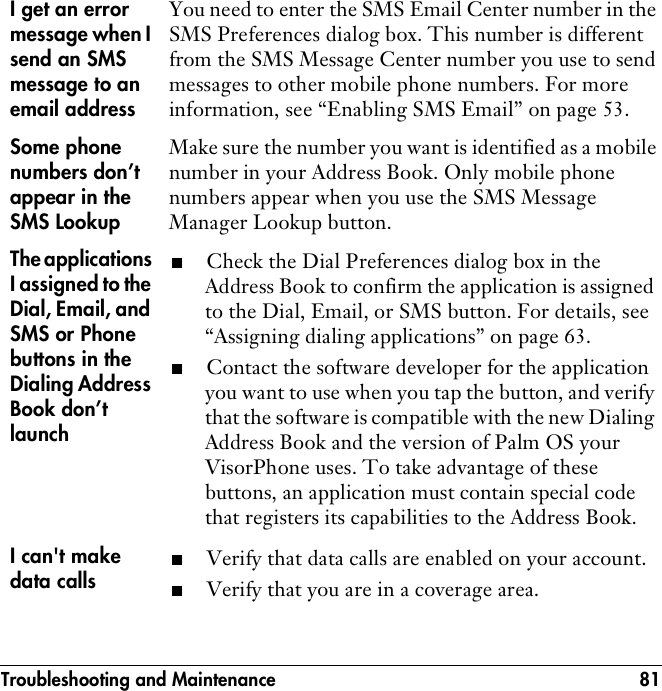 Troubleshooting and Maintenance 81I get an error message when I send an SMS message to an email address You need to enter the SMS Email Center number in the SMS Preferences dialog box. This number is different from the SMS Message Center number you use to send messages to other mobile phone numbers. For more information, see “Enabling SMS Email” on page 53.Some phone numbers don’t appear in the SMS LookupMake sure the number you want is identified as a mobile number in your Address Book. Only mobile phone numbers appear when you use the SMS Message Manager Lookup button.The applications I assigned to the Dial, Email, and SMS or Phone buttons in the Dialing Address Book don’t launch■Check the Dial Preferences dialog box in the Address Book to confirm the application is assigned to the Dial, Email, or SMS button. For details, see “Assigning dialing applications” on page 63.■Contact the software developer for the application you want to use when you tap the button, and verify that the software is compatible with the new Dialing Address Book and the version of Palm OS your VisorPhone uses. To take advantage of these buttons, an application must contain special code that registers its capabilities to the Address Book. I can&apos;t make data calls ■Verify that data calls are enabled on your account.■Verify that you are in a coverage area.