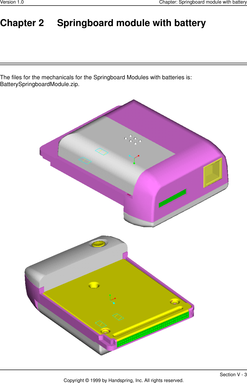 Version 1.0 Chapter: Springboard module with batterySection V - 3Copyright © 1999 by Handspring, Inc. All rights reserved.Chapter 2 Springboard module with batteryThe files for the mechanicals for the Springboard Modules with batteries is: BatterySpringboardModule.zip.