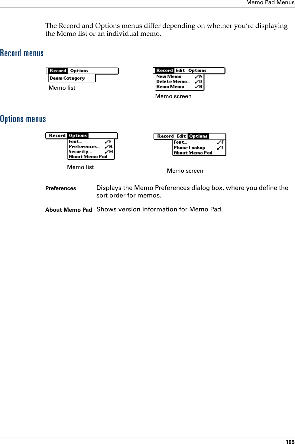 Memo Pad Menus105The Record and Options menus differ depending on whether you’re displaying the Memo list or an individual memo.Record menusOptions menusMemo listMemo screenPreferences  Displays the Memo Preferences dialog box, where you define the sort order for memos. About Memo Pad Shows version information for Memo Pad.Memo list Memo screen