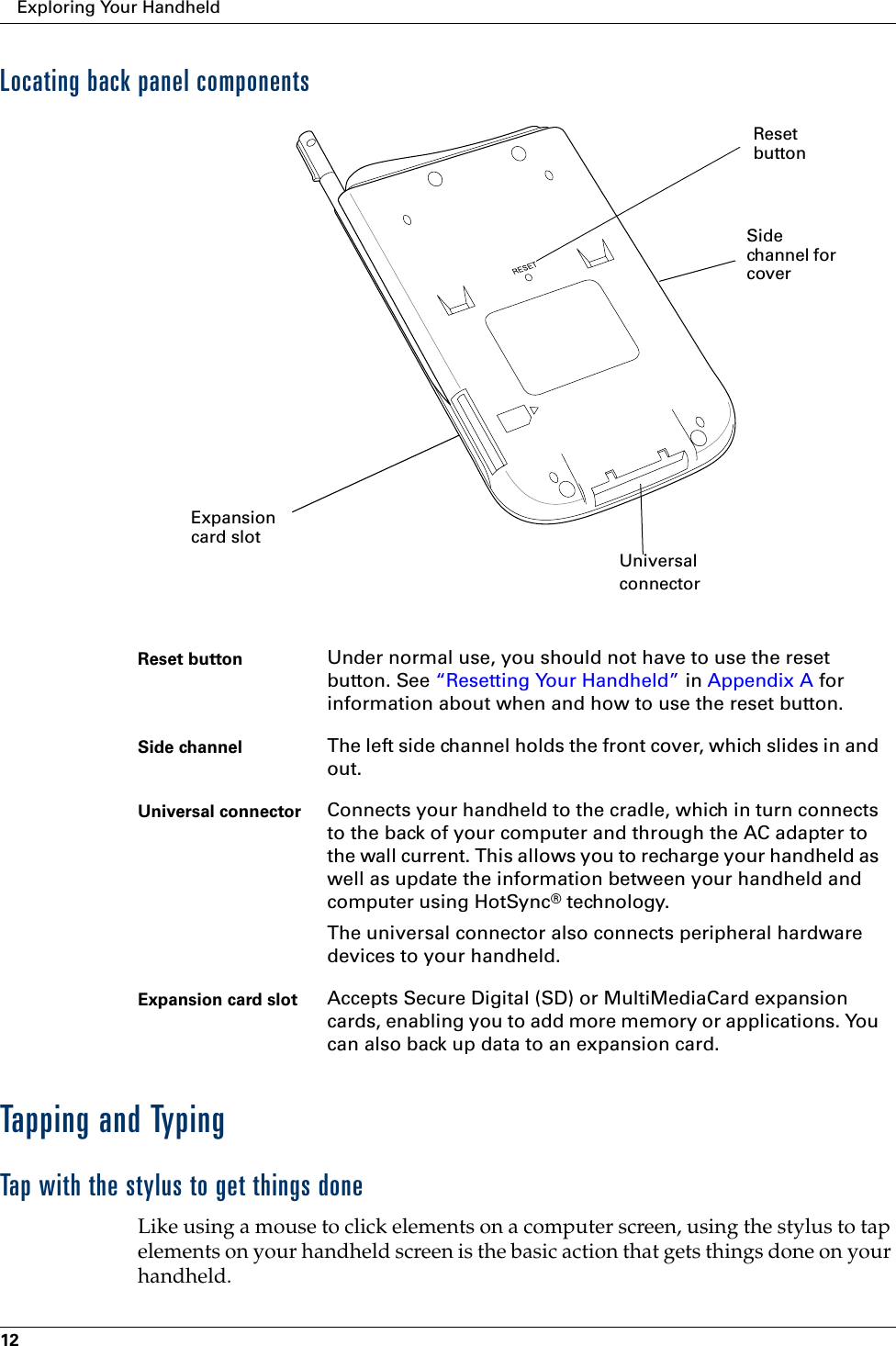 Exploring Your Handheld12Locating back panel componentsTapping and TypingTap with the stylus to get things doneLike using a mouse to click elements on a computer screen, using the stylus to tap elements on your handheld screen is the basic action that gets things done on your handheld.Reset button Under normal use, you should not have to use the reset button. See “Resetting Your Handheld” in Appendix A for information about when and how to use the reset button.Side channel The left side channel holds the front cover, which slides in and out.Universal connector Connects your handheld to the cradle, which in turn connects to the back of your computer and through the AC adapter to the wall current. This allows you to recharge your handheld as well as update the information between your handheld and computer using HotSync® technology. The universal connector also connects peripheral hardware devices to your handheld.Expansion card slot Accepts Secure Digital (SD) or MultiMediaCard expansion cards, enabling you to add more memory or applications. You can also back up data to an expansion card.UniversalconnectorExpansion card slotSide channel for coverReset button