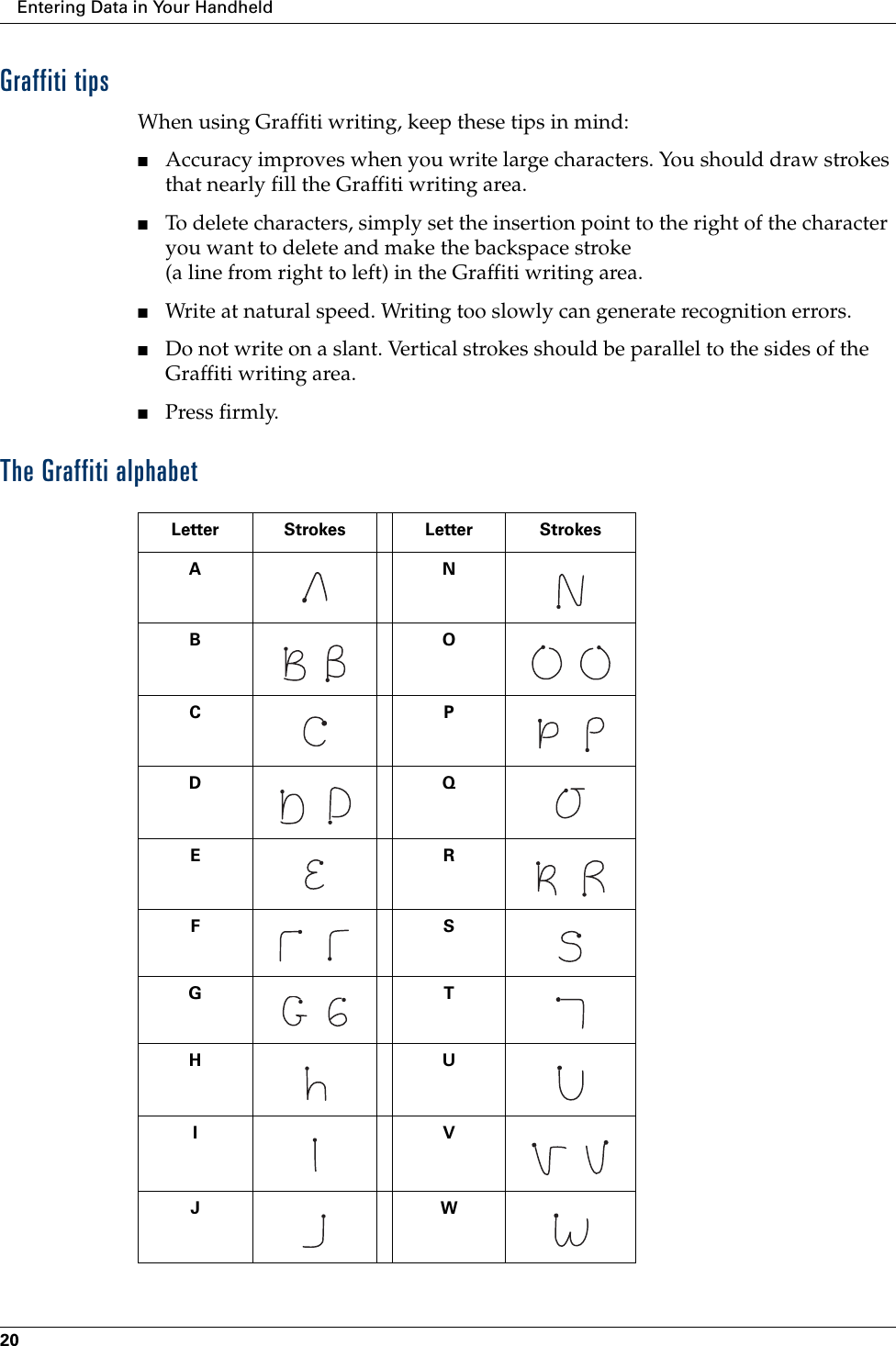 Entering Data in Your Handheld20Graffiti tipsWhen using Graffiti writing, keep these tips in mind:■Accuracy improves when you write large characters. You should draw strokes that nearly fill the Graffiti writing area.■To delete characters, simply set the insertion point to the right of the character you want to delete and make the backspace stroke (a line from right to left) in the Graffiti writing area.■Write at natural speed. Writing too slowly can generate recognition errors.■Do not write on a slant. Vertical strokes should be parallel to the sides of the Graffiti writing area.■Press firmly.The Graffiti alphabetLetter Strokes Letter StrokesANB    O   CP    D     QER    F     SG    THUIV   JW