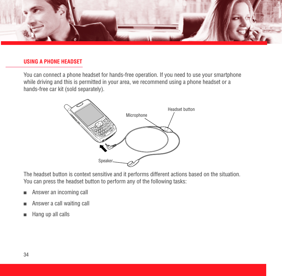 34USING A PHONE HEADSETYou can connect a phone headset for hands-free operation. If you need to use your smartphone while driving and this is permitted in your area, we recommend using a phone headset or a hands-free car kit (sold separately).The headset button is context sensitive and it performs different actions based on the situation. You can press the headset button to perform any of the following tasks:■Answer an incoming call■Answer a call waiting call■Hang up all callsMicrophoneSpeakerHeadset button