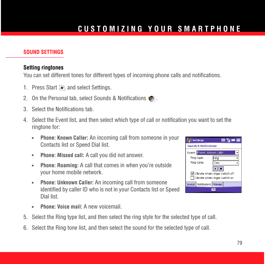 CUSTOMIZING YOUR SMARTPHONE79SOUND SETTINGSSetting ringtonesYou can set different tones for different types of incoming phone calls and notifications.1.  Press Start   and select Settings.2.  On the Personal tab, select Sounds &amp; Notifications .3.  Select the Notifications tab.4.  Select the Event list, and then select which type of call or notification you want to set the ringtone for:■Phone: Known Caller: An incoming call from someone in your Contacts list or Speed Dial list.■Phone: Missed call: A call you did not answer.■Phone: Roaming: A call that comes in when you’re outside your home mobile network.■Phone: Unknown Caller: An incoming call from someone identified by caller ID who is not in your Contacts list or Speed Dial list. ■Phone: Voice mail: A new voicemail.5.  Select the Ring type list, and then select the ring style for the selected type of call.6.  Select the Ring tone list, and then select the sound for the selected type of call.