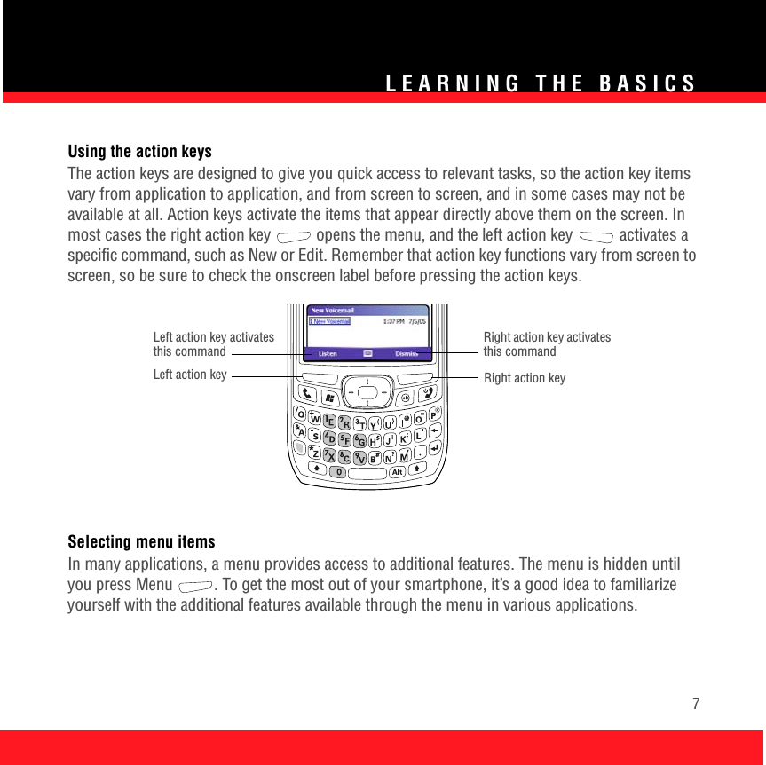 LEARNING THE BASICS7Using the action keysThe action keys are designed to give you quick access to relevant tasks, so the action key items vary from application to application, and from screen to screen, and in some cases may not be available at all. Action keys activate the items that appear directly above them on the screen. In most cases the right action key   opens the menu, and the left action key   activates a specific command, such as New or Edit. Remember that action key functions vary from screen to screen, so be sure to check the onscreen label before pressing the action keys. Selecting menu itemsIn many applications, a menu provides access to additional features. The menu is hidden until you press Menu  . To get the most out of your smartphone, it’s a good idea to familiarize yourself with the additional features available through the menu in various applications.Left action key Right action keyLeft action key activates this commandRight action key activates this command