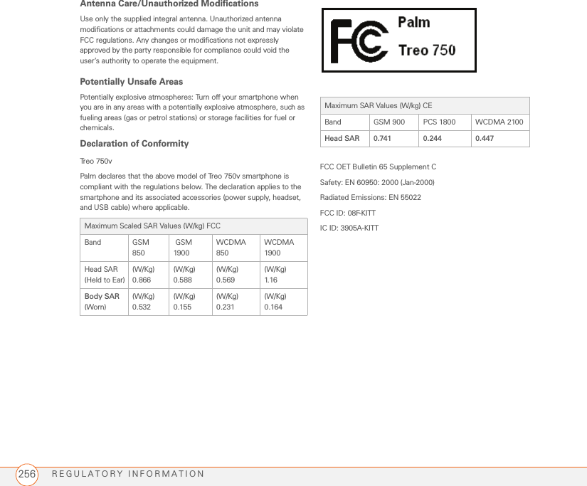 REGULATORY INFORMATION256Antenna Care/Unauthorized Modifications Use only the supplied integral antenna. Unauthorized antenna modifications or attachments could damage the unit and may violate FCC regulations. Any changes or modifications not expressly approved by the party responsible for compliance could void the user’s authority to operate the equipment.Potentially Unsafe Areas Potentially explosive atmospheres: Turn off your smartphone when you are in any areas with a potentially explosive atmosphere, such as fueling areas (gas or petrol stations) or storage facilities for fuel or chemicals.Declaration of ConformityTreo 750v Palm declares that the above model of Treo 750v smartphone is compliant with the regulations below. The declaration applies to the smartphone and its associated accessories (power supply, headset, and USB cable) where applicable. FCC OET Bulletin 65 Supplement CSafety: EN 60950: 2000 (Jan-2000)Radiated Emissions: EN 55022FCC ID: 08F-KITTIC ID: 3905A-KITTMaximum Scaled SAR Values (W/kg) FCCBand GSM850 GSM1900 WCDMA850WCDMA1900 Head SAR(Held to Ear)(W/Kg)0.866(W/Kg)0.588(W/Kg)0.569(W/Kg)1. 16Body SAR(Worn)(W/Kg)0.532(W/Kg)0.155(W/Kg)0.231(W/Kg)0.164Maximum SAR Values (W/kg) CEBand GSM 900 PCS 1800  WCDMA 2100Head SAR 0.741 0.244 0.447