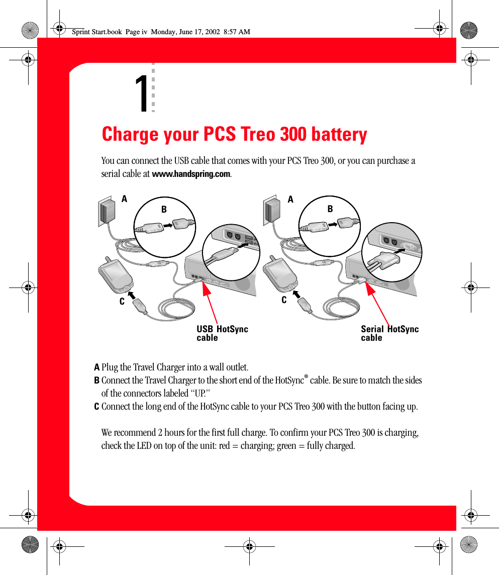 ivCharge your PCS Treo 300 batteryYou can connect the USB cable that comes with your PCS Treo 300, or you can purchase a serial cable at www.handspring.com.APlug the Travel Charger into a wall outlet. BConnect the Travel Charger to the short end of the HotSync® cable. Be sure to match the sides of the connectors labeled “UP.”CConnect the long end of the HotSync cable to your PCS Treo 300 with the button facing up.We recommend 2 hours for the first full charge. To confirm your PCS Treo 300 is charging, check the LED on top of the unit: red = charging; green = fully charged.1AABBCCUSB HotSynccable Serial HotSynccableSprint Start.book  Page iv  Monday, June 17, 2002  8:57 AM