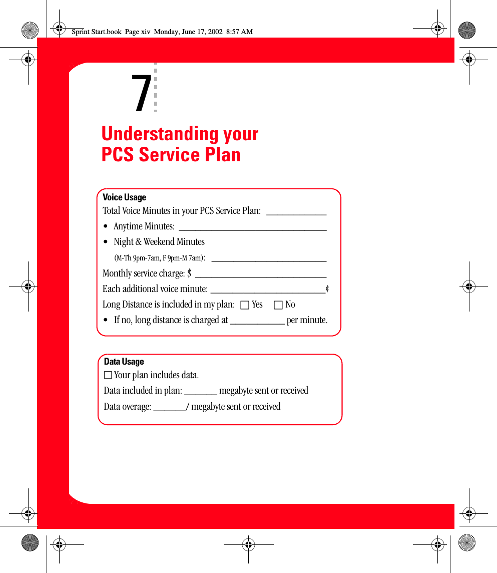 xivUnderstanding yourPCS Service Plan7Voice UsageTotal Voice Minutes in your PCS Service Plan:  ___________• Anytime Minutes:  ___________________________•Night &amp; Weekend Minutes (M-Th 9pm-7am, F 9pm-M 7am): _____________________Monthly service charge: $ ________________________Each additional voice minute: _____________________¢Long Distance is included in my plan: □ Yes  □ No• If no, long distance is charged at __________ per minute.Data UsageⅪ Your plan includes data. Data included in plan: ______ megabyte sent or received Data overage: ______/ megabyte sent or receivedSprint Start.book  Page xiv  Monday, June 17, 2002  8:57 AM