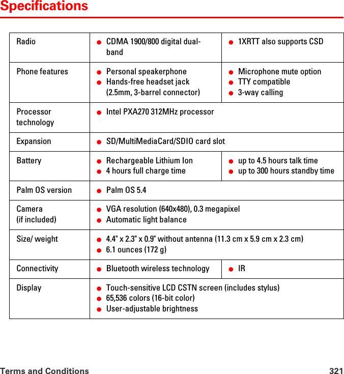 Terms and Conditions 321SpecificationsRadio 䢇CDMA 1900/800 digital dual-band䢇1XRTT also supports CSDPhone features 䢇Personal speakerphone䢇Hands-free headset jack  (2.5mm, 3-barrel connector)䢇Microphone mute option䢇TTY compatible䢇3-way callingProcessor technology䢇Intel PXA270 312MHz processorExpansion 䢇SD/MultiMediaCard/SDIO card slotBattery 䢇Rechargeable Lithium Ion䢇4 hours full charge time䢇up to 4.5 hours talk time䢇up to 300 hours standby timePalm OS version 䢇Palm OS 5.4Camera  (if included)䢇VGA resolution (640x480), 0.3 megapixel䢇Automatic light balanceSize/ weight 䢇4.4&quot; x 2.3&quot; x 0.9&quot; without antenna (11.3 cm x 5.9 cm x 2.3 cm)䢇6.1 ounces (172 g)Connectivity 䢇Bluetooth wireless technology 䢇IRDisplay 䢇Touch-sensitive LCD CSTN screen (includes stylus) 䢇65,536 colors (16-bit color)䢇User-adjustable brightness