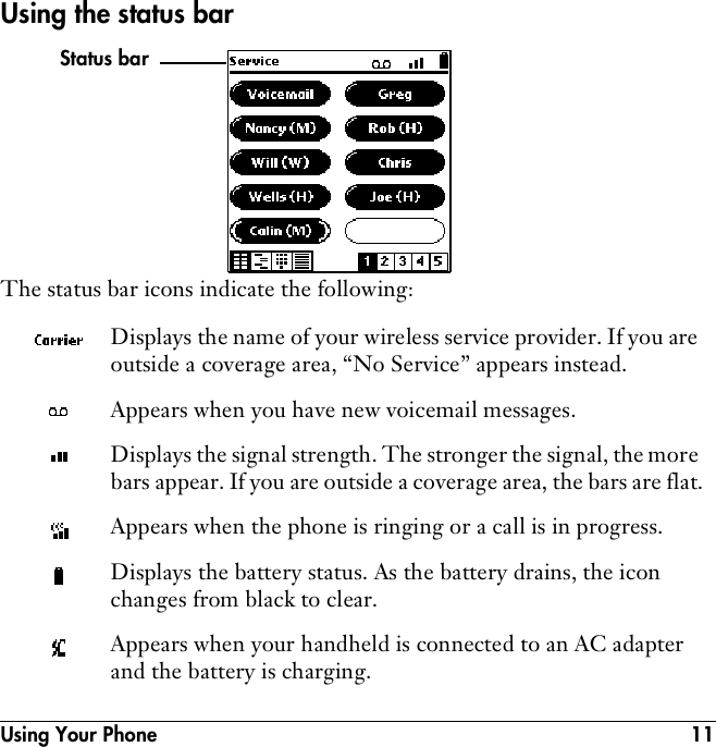 Using Your Phone 11Using the status barThe status bar icons indicate the following:Displays the name of your wireless service provider. If you are outside a coverage area, “No Service” appears instead.Appears when you have new voicemail messages.Displays the signal strength. The stronger the signal, the more bars appear. If you are outside a coverage area, the bars are flat.Appears when the phone is ringing or a call is in progress.Displays the battery status. As the battery drains, the icon changes from black to clear.Appears when your handheld is connected to an AC adapter and the battery is charging.Status bar