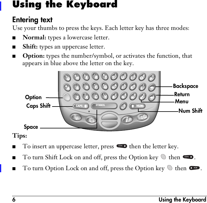 6  Using the KeyboardUsing the KeyboardEntering textUse your thumbs to press the keys. Each letter key has three modes:■Normal: types a lowercase letter.■Shift: types an uppercase letter.■Option: types the number/symbol, or activates the function, that appears in blue above the letter on the key.Tips:■To insert an uppercase letter, press   then the letter key.■To turn Shift Lock on and off, press the Option key   then  .■To turn Option Lock on and off, press the Option key   then  .% Q  @ W  $ E  &amp; A  ( S  ) D  : Z  ? X  / R  – F  ! C  * T  + G  ’ V   &quot;P    #O    3I    2U    1Y    &apos;L    6K   5J    4H    9M   0.  8N    7B  CAPS NUMSYMBOLiOptionSpaceCaps Shift Num ShiftBackspaceReturnMenu