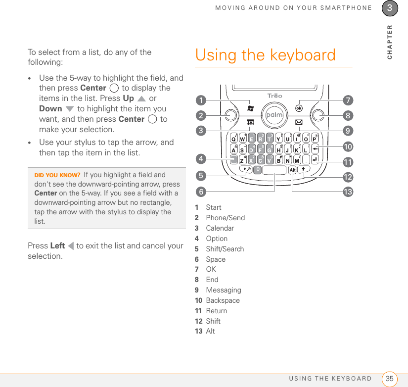 MOVING AROUND ON YOUR SMARTPHONEUSING THE KEYBOARD 353CHAPTERTo select from a list, do any of the following:•Use the 5-way to highlight the field, and then press Center   to display the items in the list. Press Up  or Down  to highlight the item you want, and then press Center  to make your selection.•Use your stylus to tap the arrow, and then tap the item in the list.Press Left   to exit the list and cancel your selection.Using the keyboard1Start2Phone/Send3Calendar4Option5Shift/Search6Space7OK8End9Messaging10 Backspace11 Return12 Shift13 AltDID YOU KNOW?If you highlight a field and don&apos;t see the downward-pointing arrow, press Center on the 5-way. If you see a field with a downward-pointing arrow but no rectangle, tap the arrow with the stylus to display the list. 24135810117912136