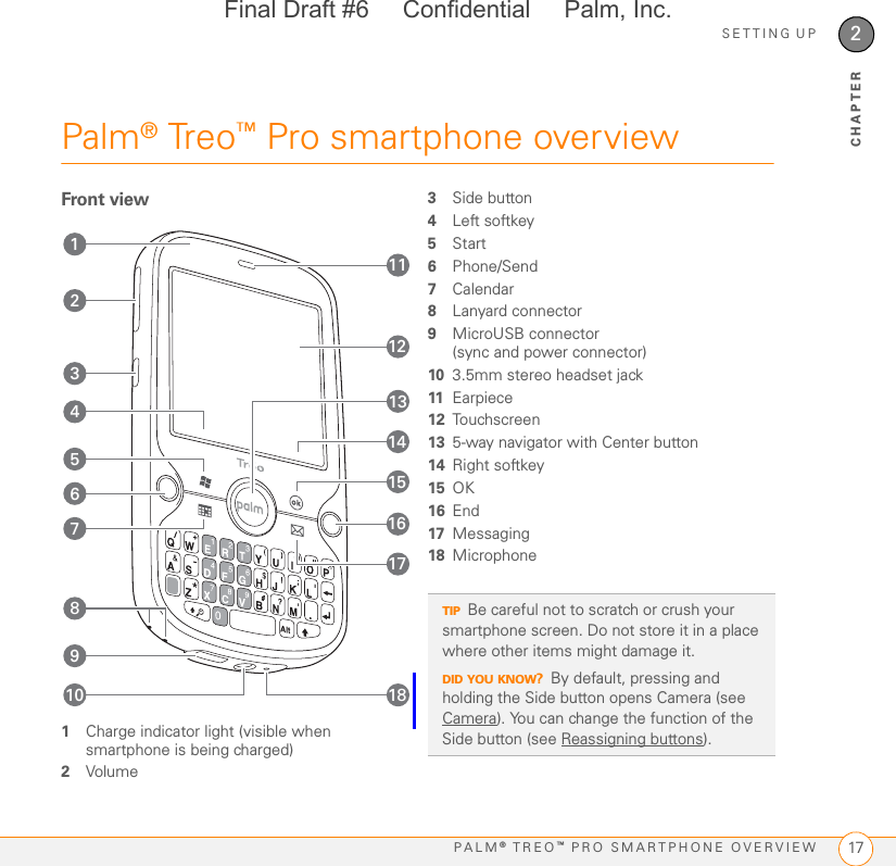 SETTING UPPALM® TREO™ PRO SMARTPHONE OVERVIEW 172CHAPTERPalm® Treo™ Pro smartphone overviewFront view1Charge indicator light (visible when smartphone is being charged)2Volume3Side button4Left softkey5Start6Phone/Send7Calendar8Lanyard connector9MicroUSB connector (sync and power connector)10 3.5mm stereo headset jack11 Earpiece12 Touchscreen13 5-way navigator with Center button14 Right softkey15 OK16 End17 Messaging18 Microphone236485710911112161314151718TIPBe careful not to scratch or crush your smartphone screen. Do not store it in a place where other items might damage it.DID YOU KNOW?By default, pressing and holding the Side button opens Camera (see Camera). You can change the function of the Side button (see Reassigning buttons).Final Draft #6     Confidential     Palm, Inc.
